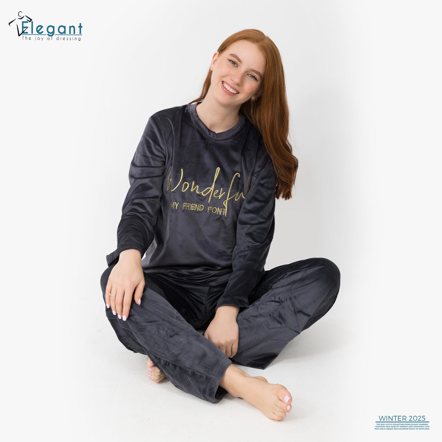 WIDE LEG Velvet Embroidery Pyjama - Dark Grey - Wonderful