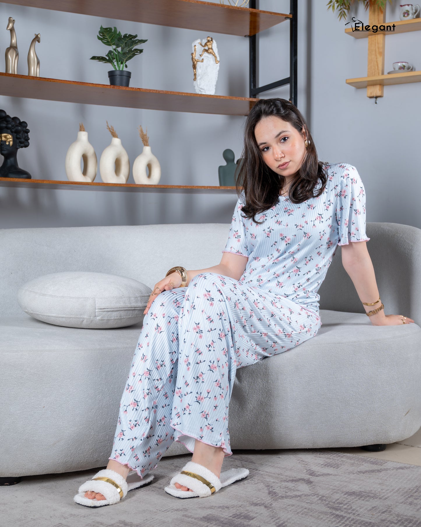 Ribbed Knot Front PJ Blue - Pink Floral
