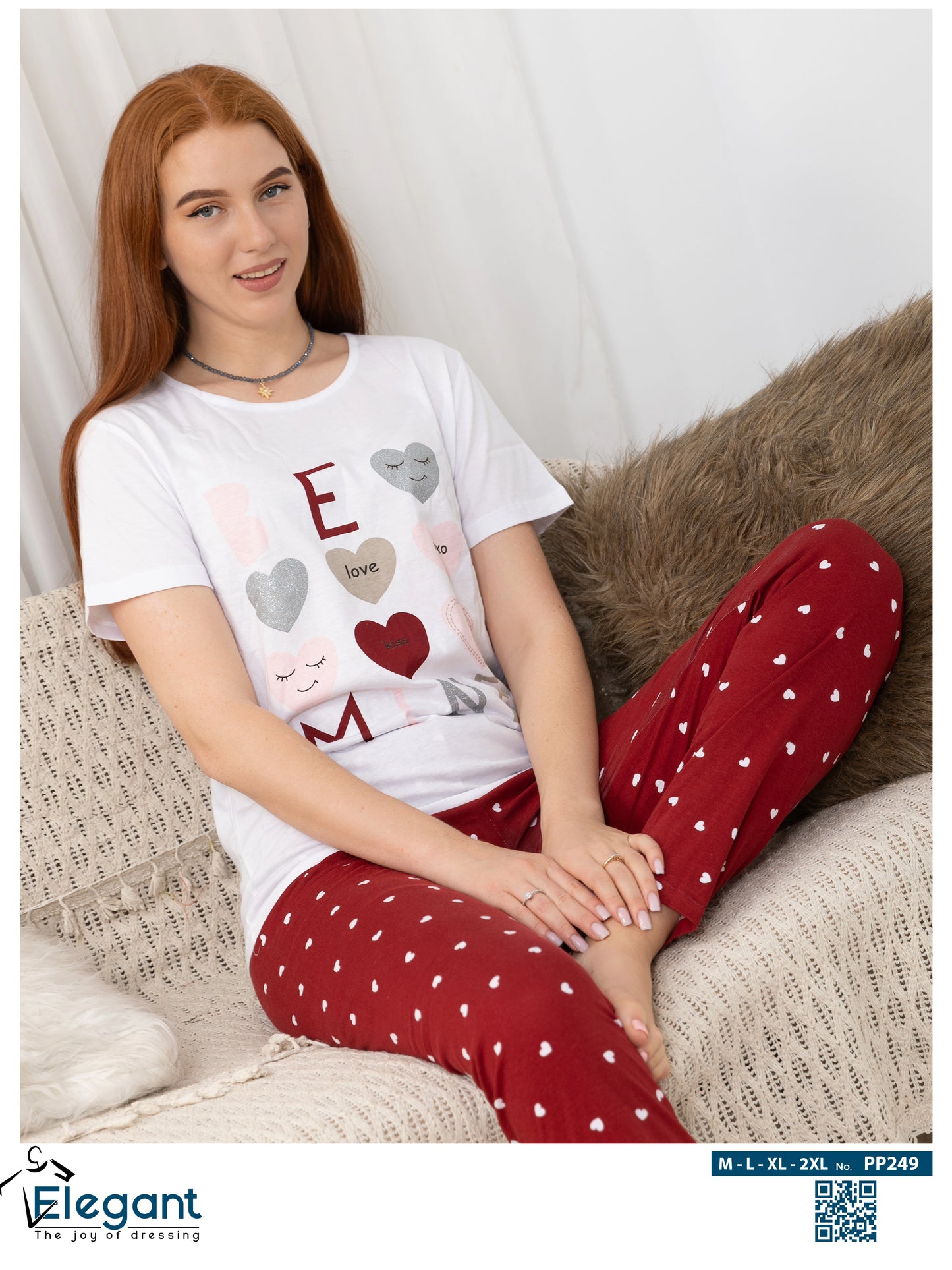 PJs Pants Cotton - White burgundy - Be Mine
