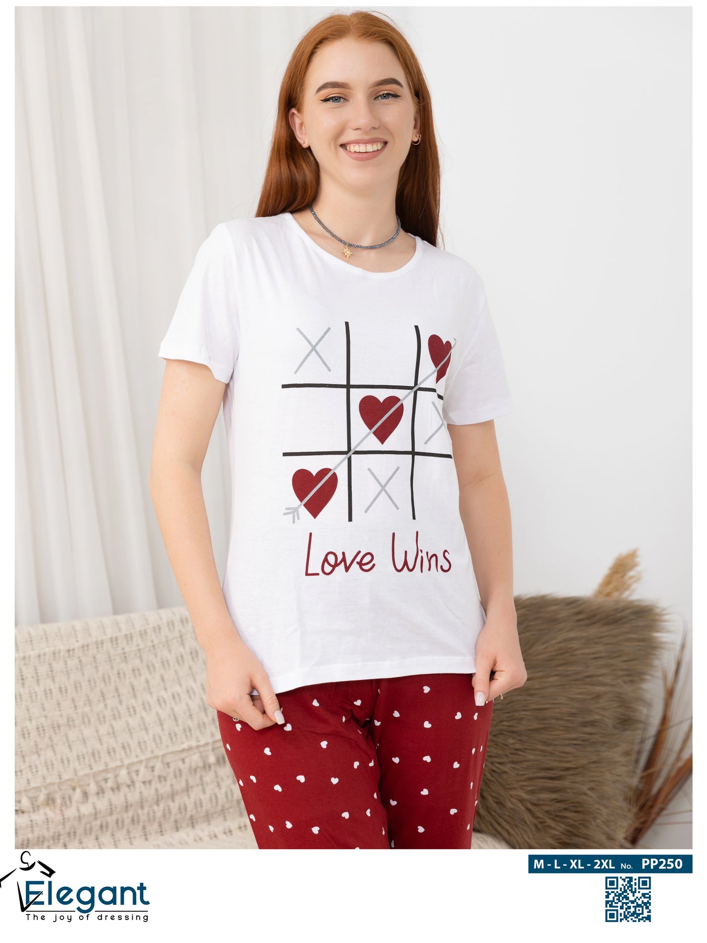 PJs Pants Cotton - White burgundy - XO Love wins