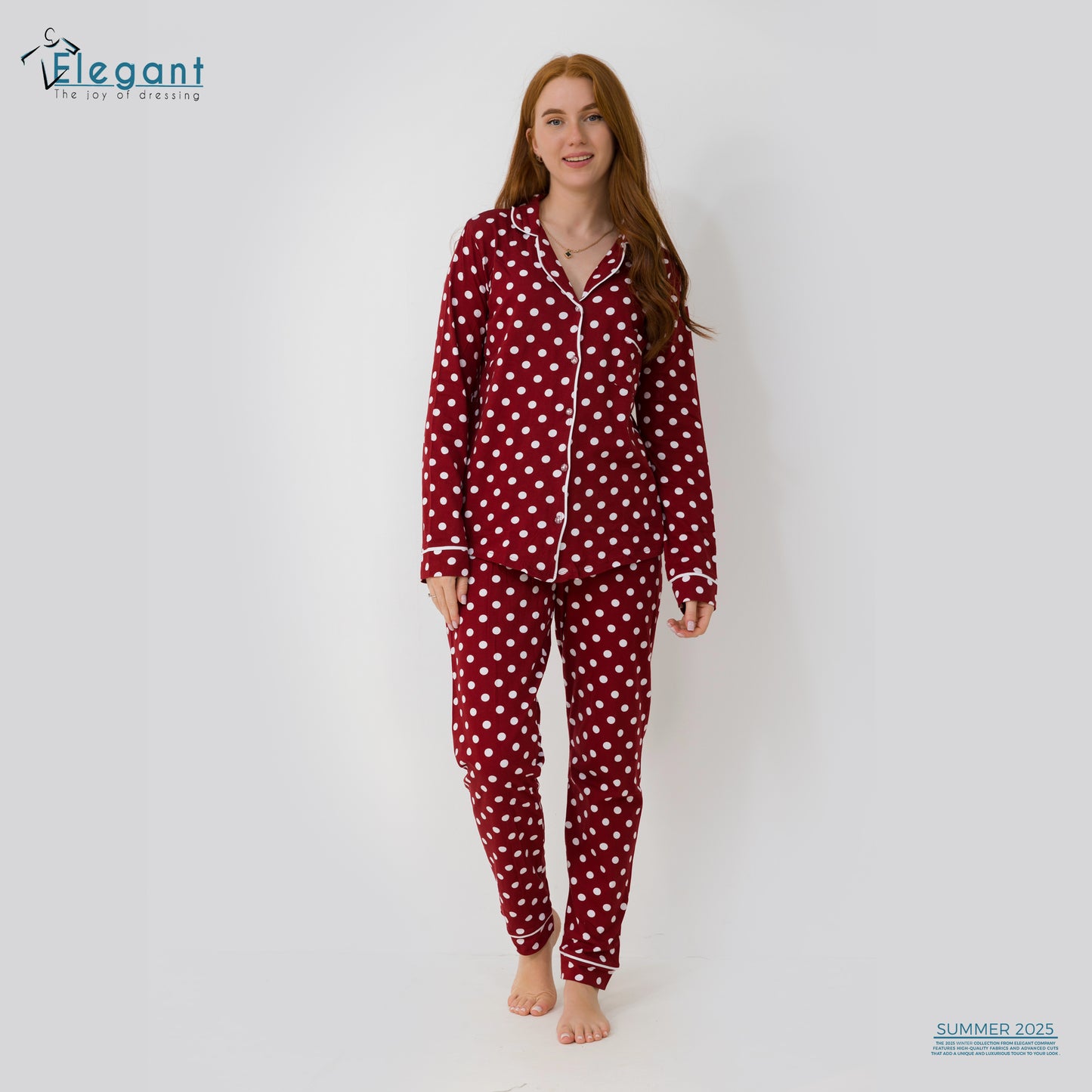Cotton Long sleeves Classic PJ Pants - Burgundy Polka Dots