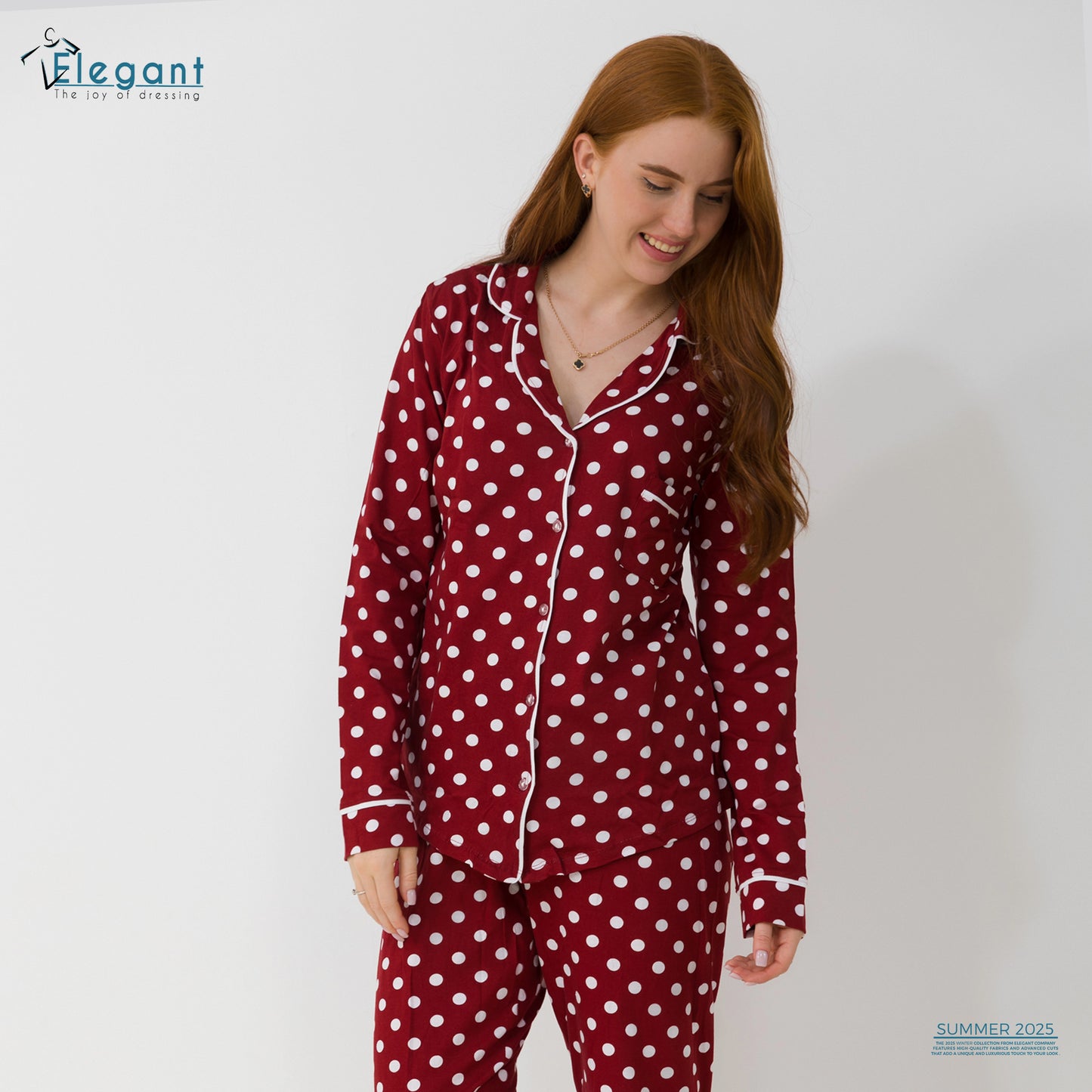 Cotton Long sleeves Classic PJ Pants - Burgundy Polka Dots
