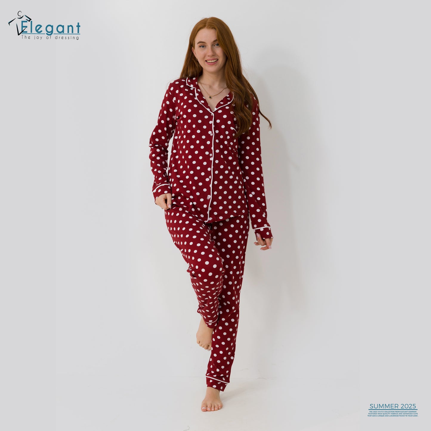 Cotton Long sleeves Classic PJ Pants - Burgundy Polka Dots