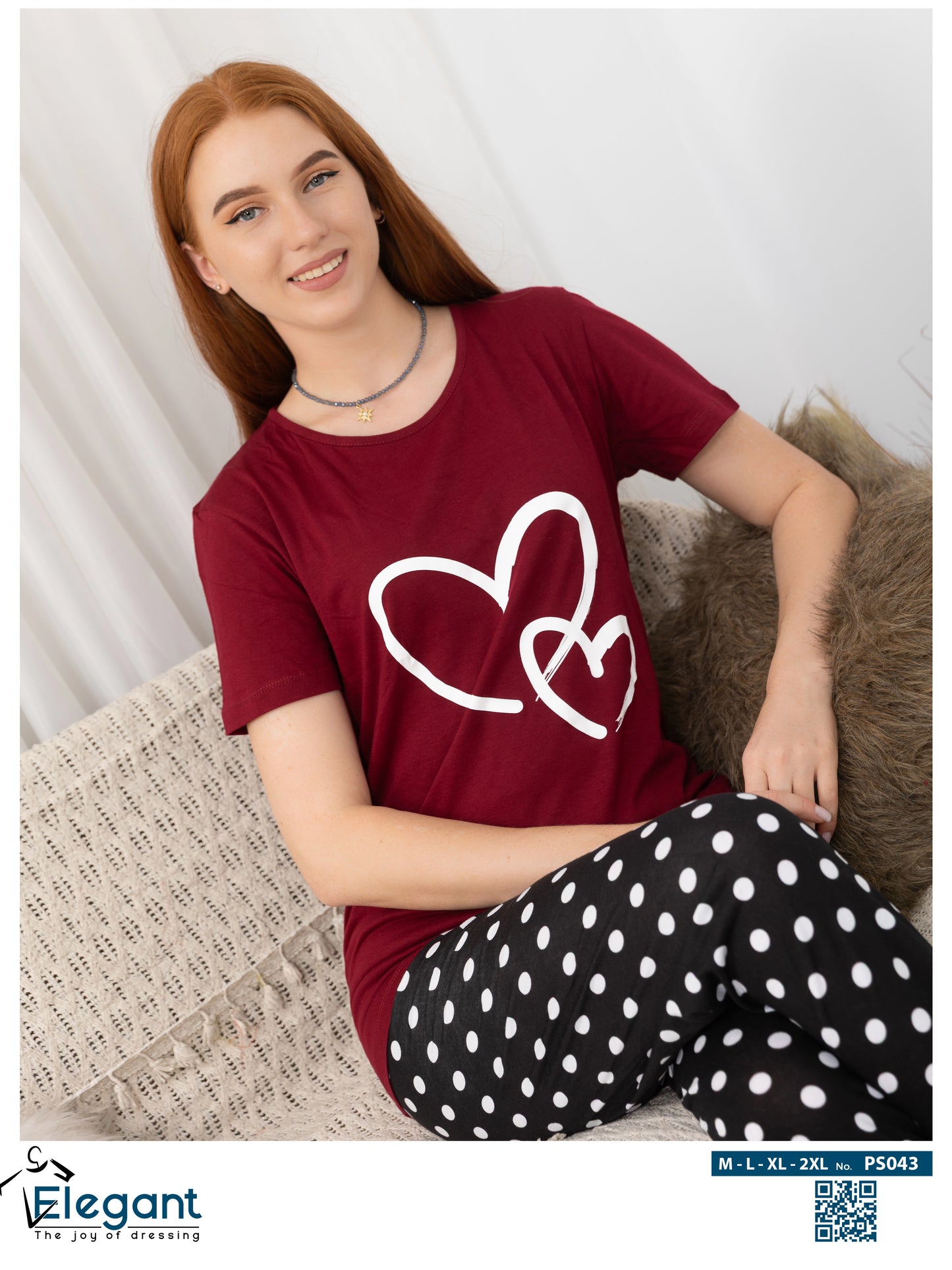 PJs Pants Cotton Burgundy - Heart & Polka