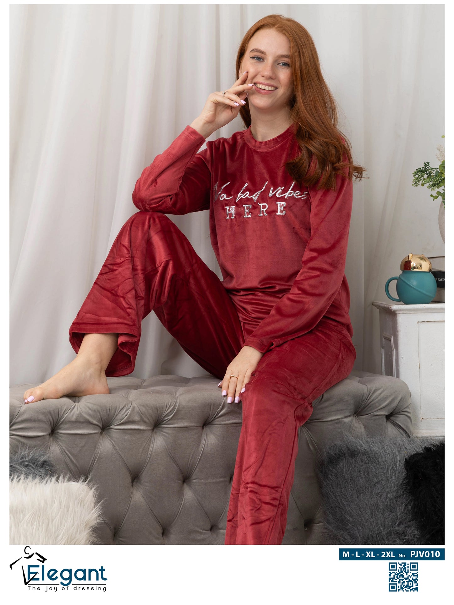 WIDE LEG Velvet Embroidery Pyjama - Maroon - No bad vibes here
