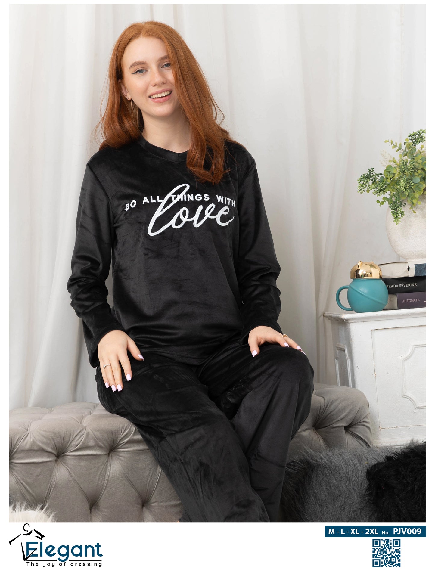 WIDE LEG Velvet Embroidery Pyjama - Black - Do all things with Love