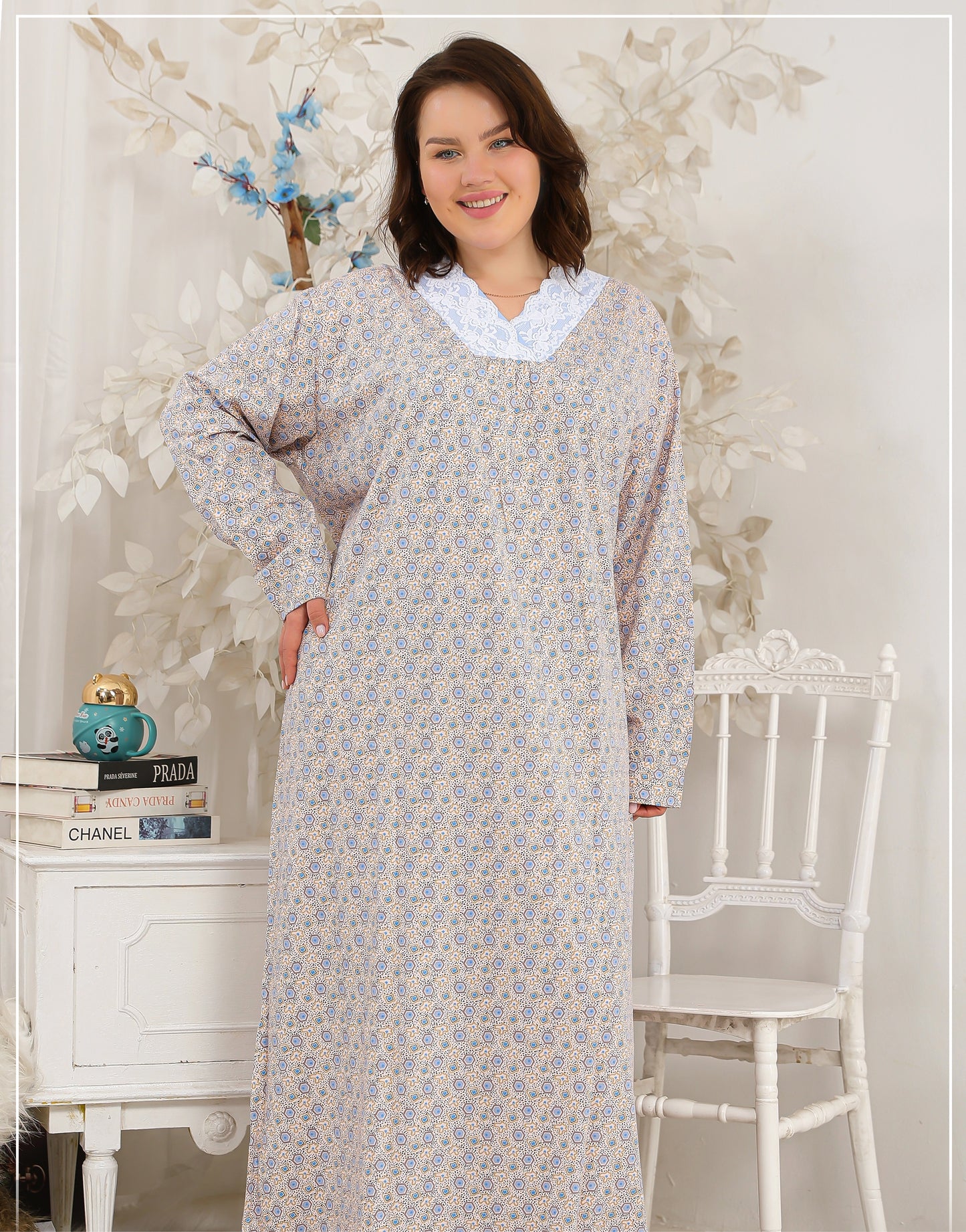 BIG SIZE Maxi Galabeya Long Sleeves multicolor Pink V Neck