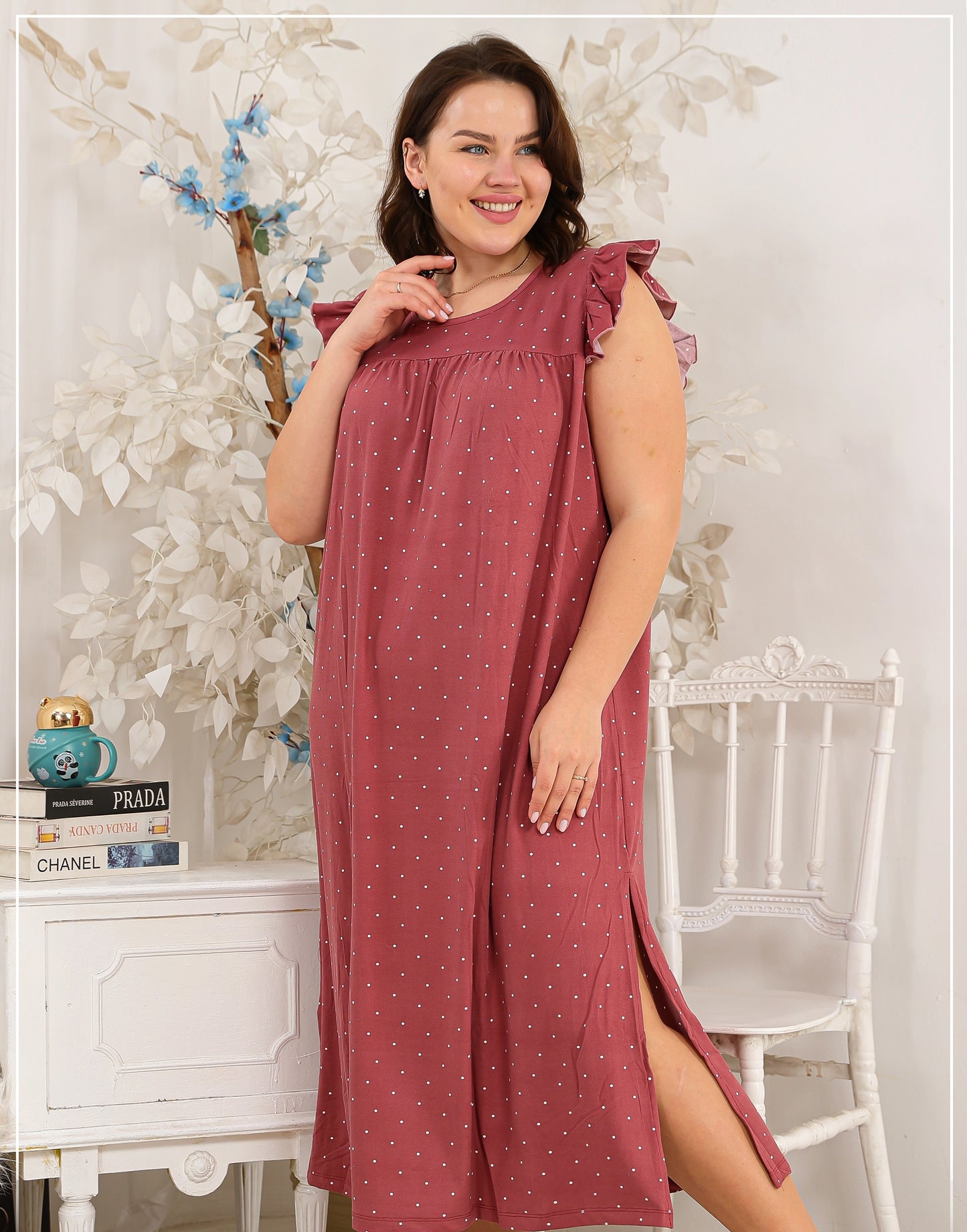 BIG SIZE - Modern Ruffles Galabeya - Polka Cherry