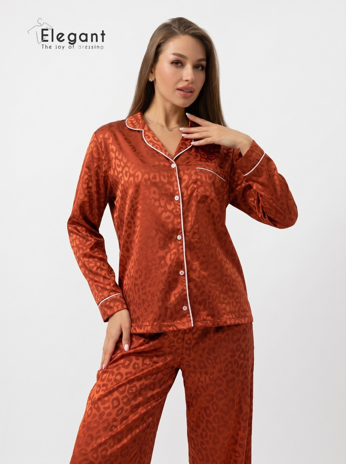 Satin Long sleeves Classic PJ Pants - Jacquard Burnt Orange
