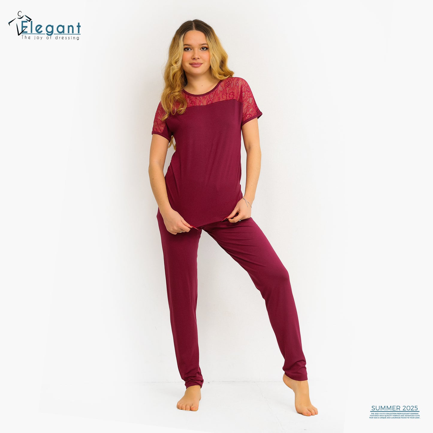 PJ Pant Viscose with Shoulder Lace - Burgundy