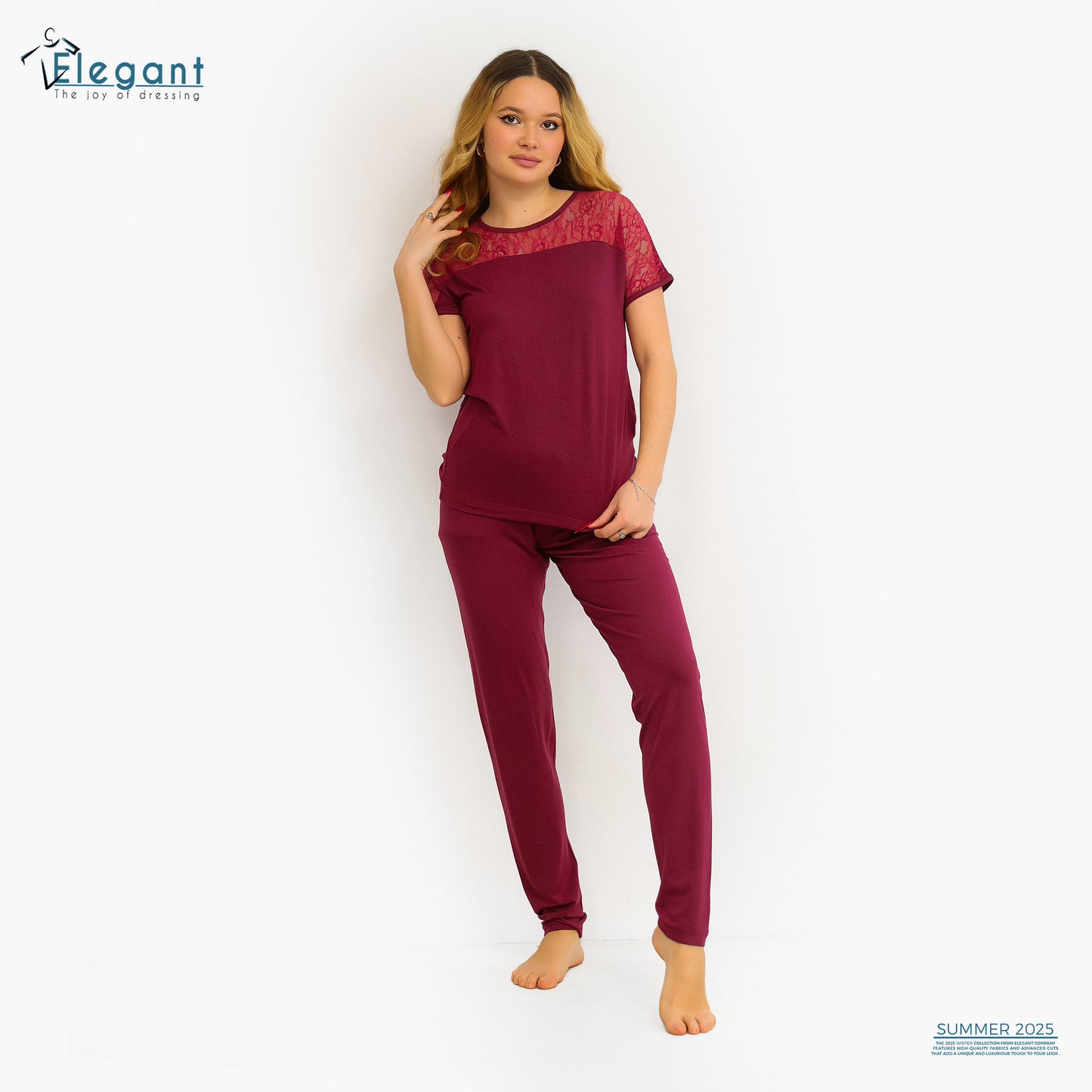 PJ Pant Viscose with Shoulder Lace - Burgundy