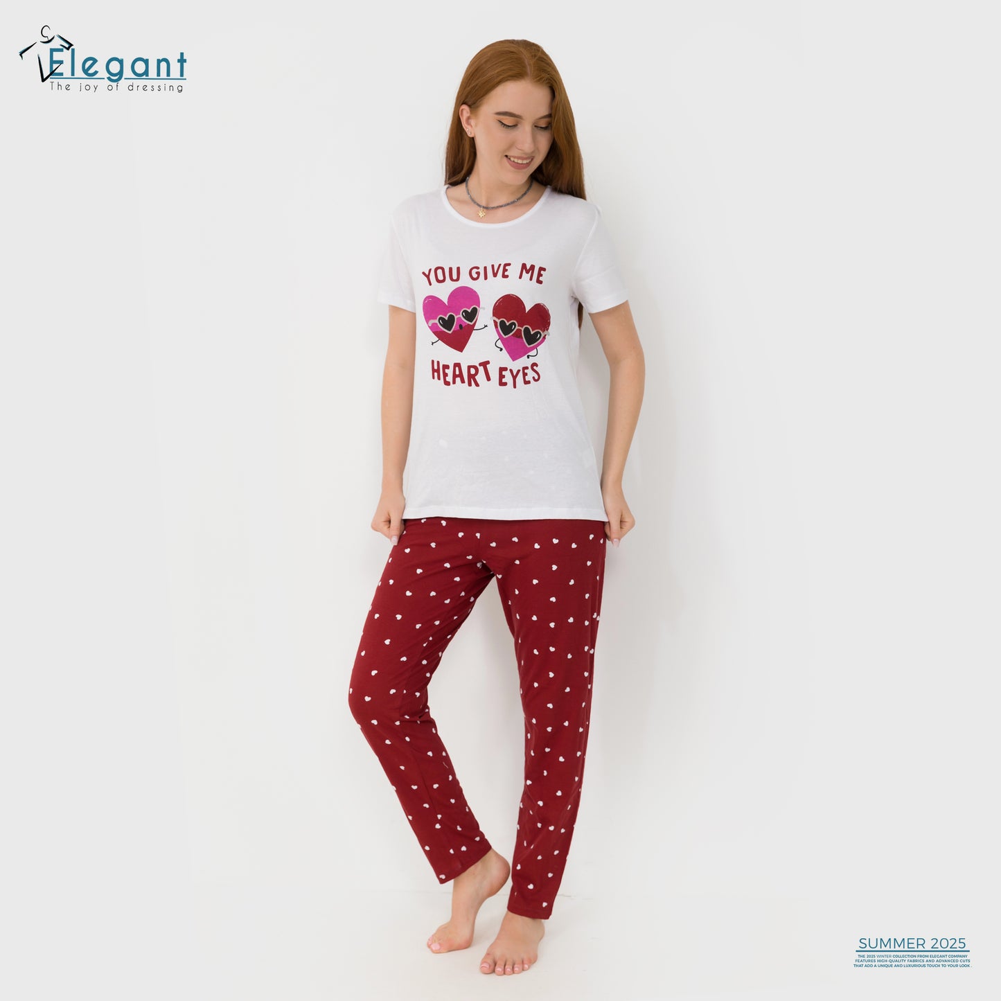 PJs Pants Cotton - White burgundy - Heart Eyes