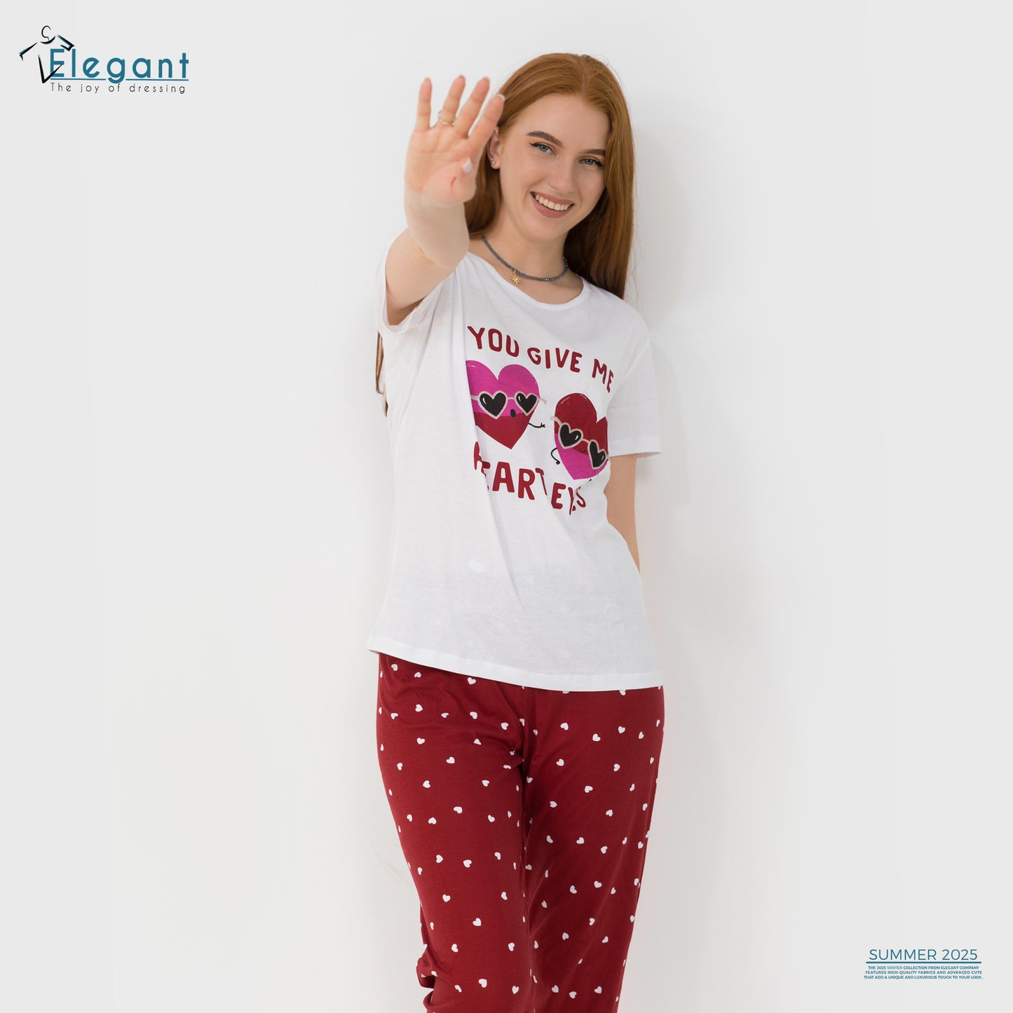 PJs Pants Cotton - White burgundy - Heart Eyes