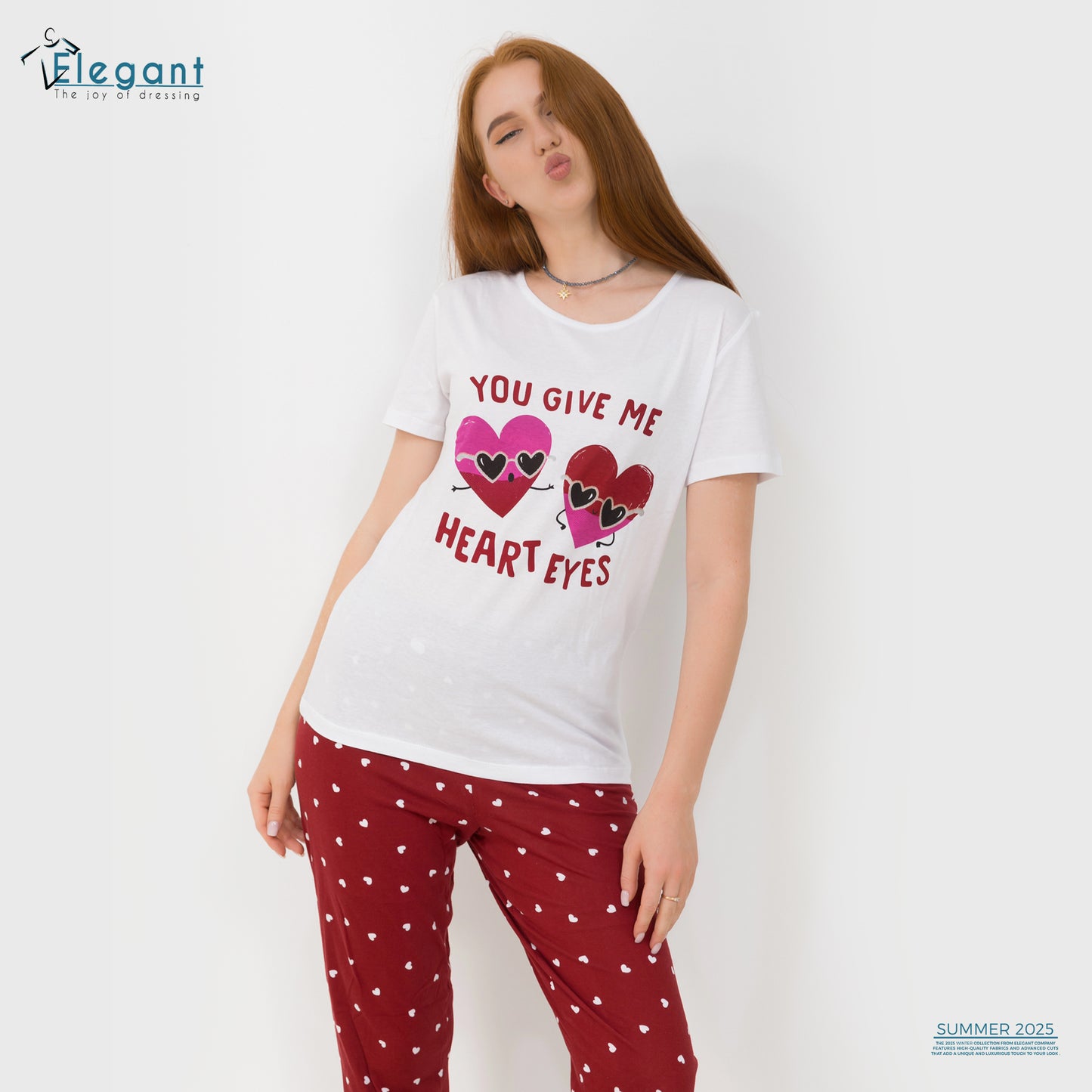 PJs Pants Cotton - White burgundy - Heart Eyes