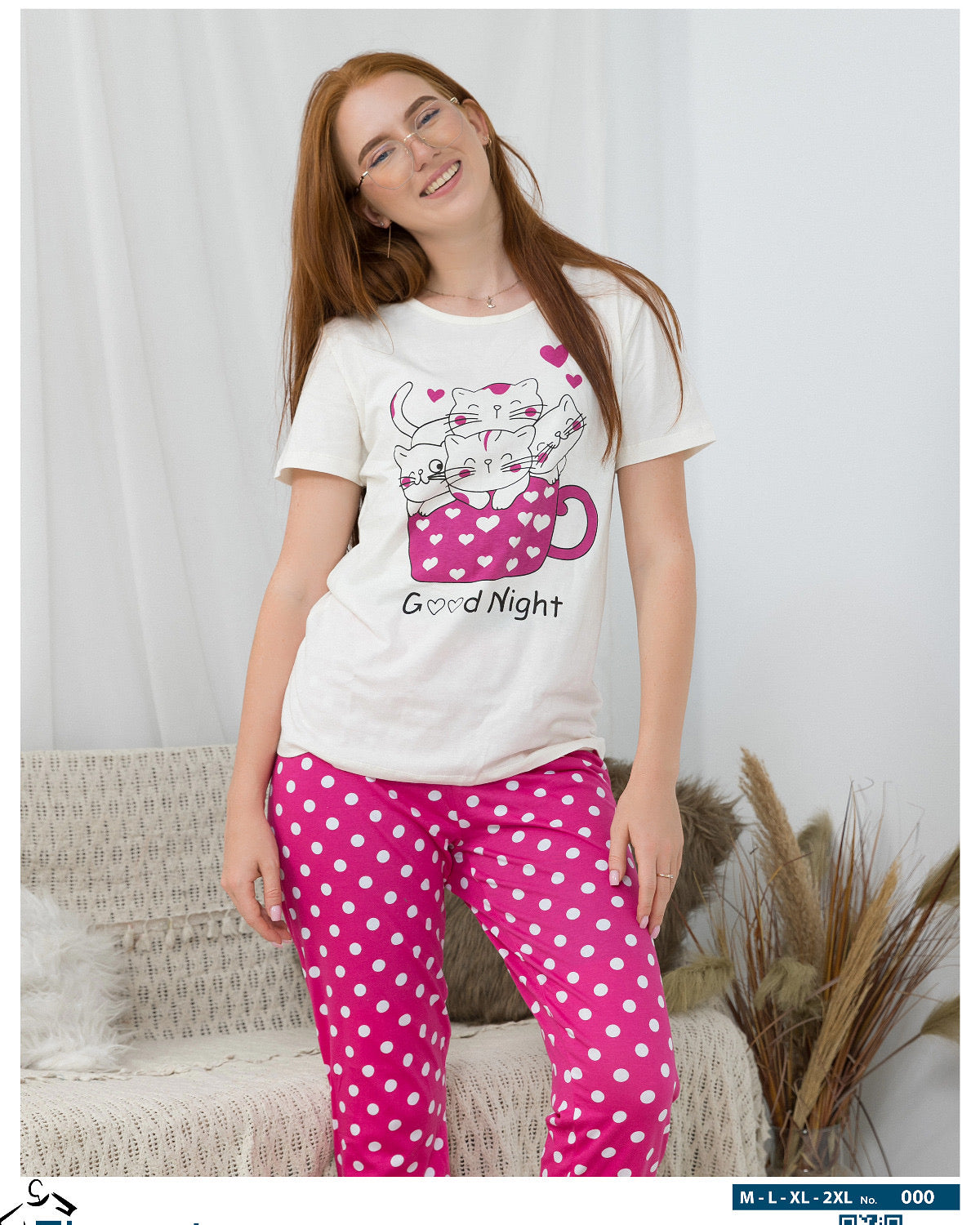 PJs Pants Cotton - Offwhite Fushia - Kitten