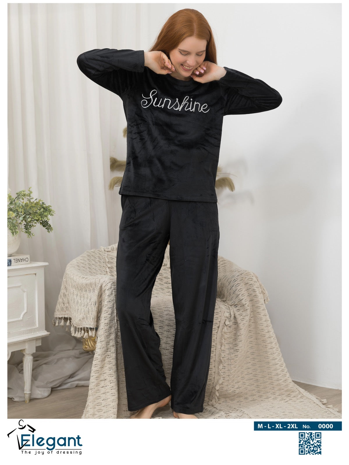 WIDE LEG Velvet Embroidery Pyjama -Black-Sunshine
