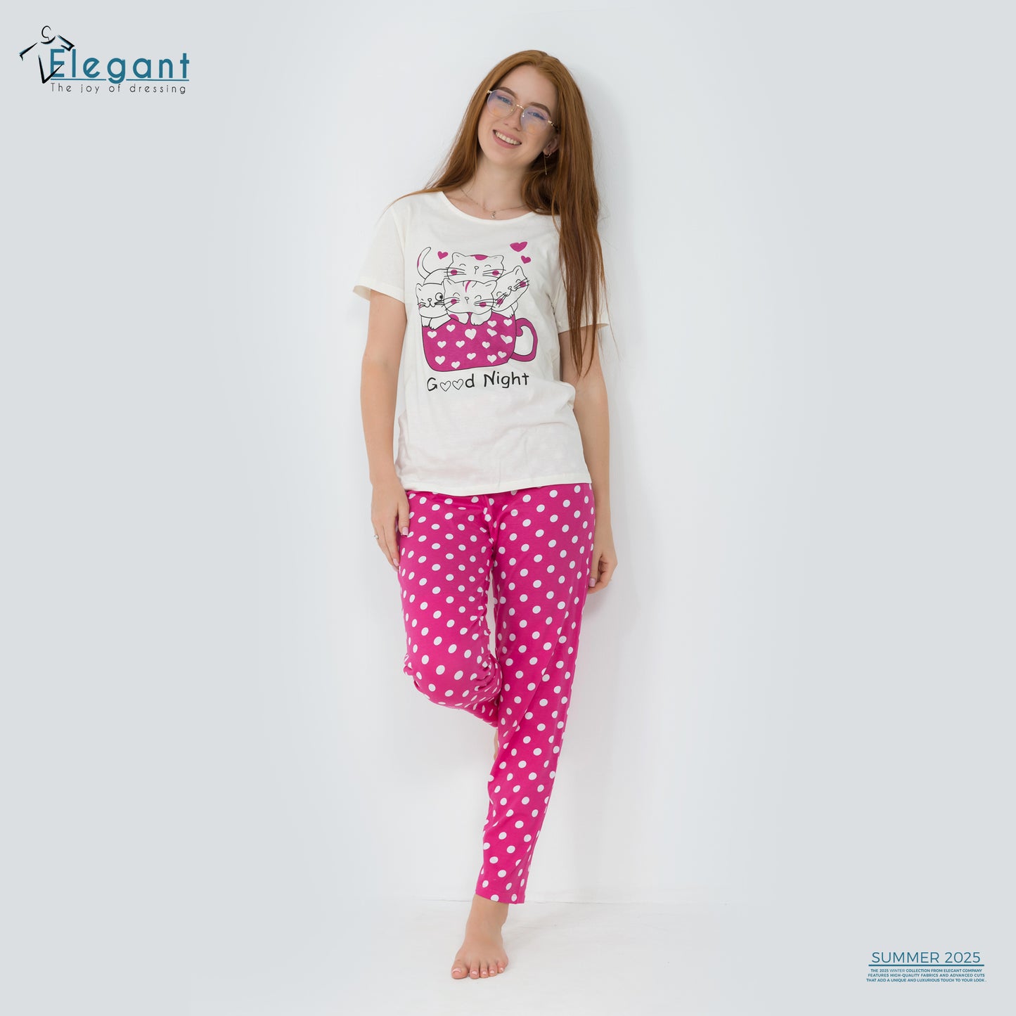 PJs Pants Cotton - Offwhite Fushia - Kitten