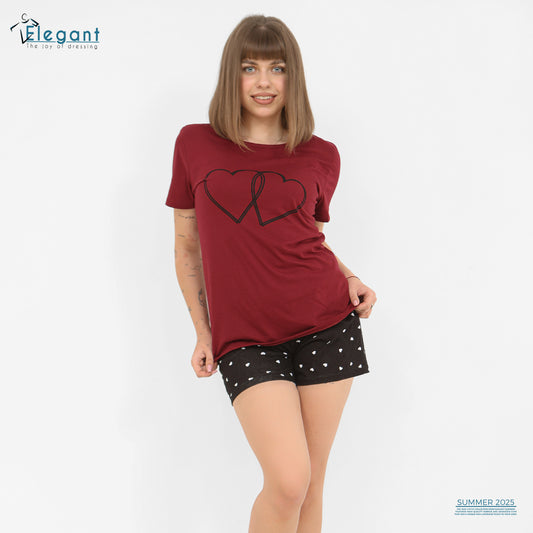 PJ short Cotton Burgundy - Couple hearts