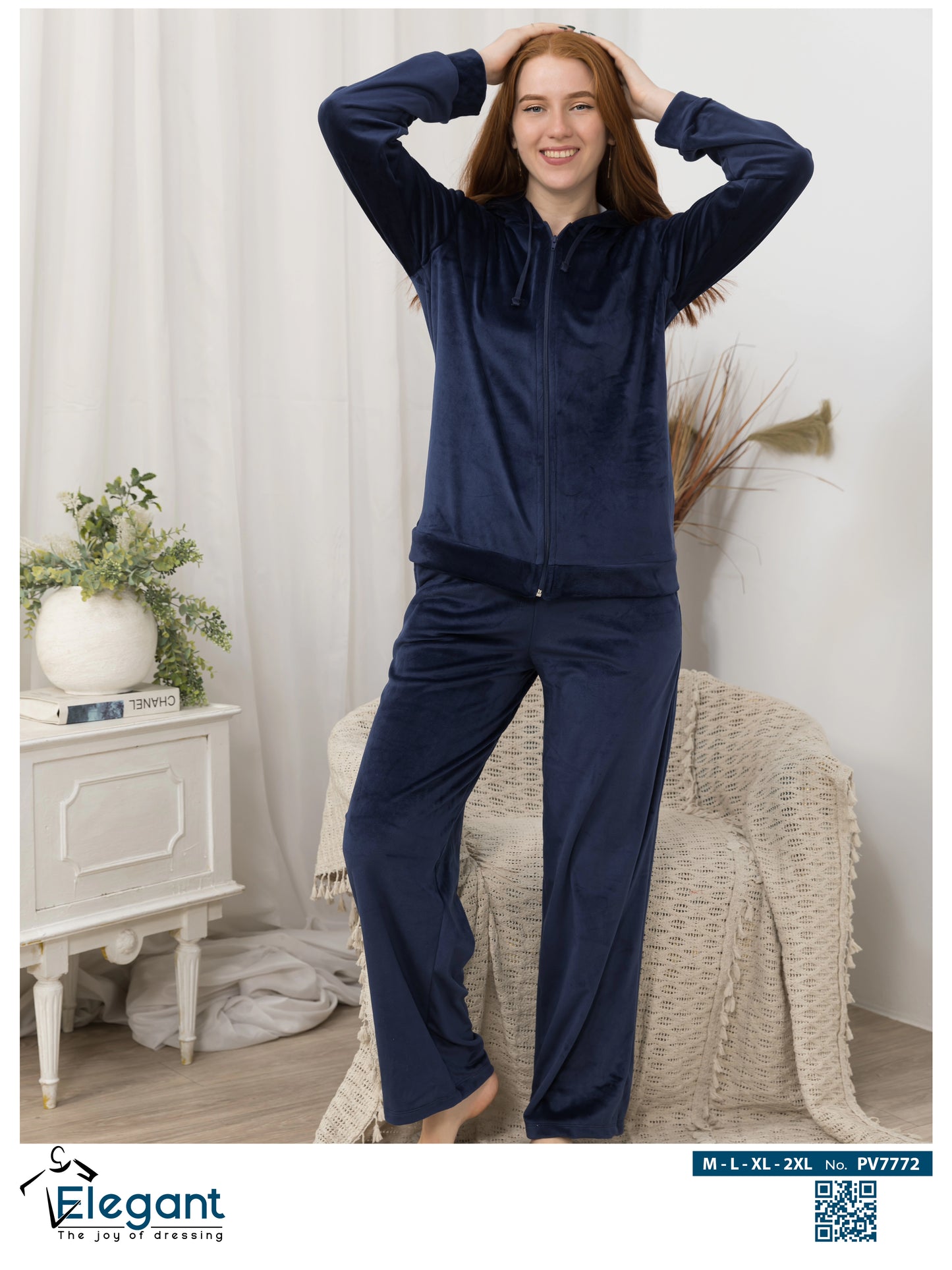 Velvet Zipper Wide Leg with Hood - Navy