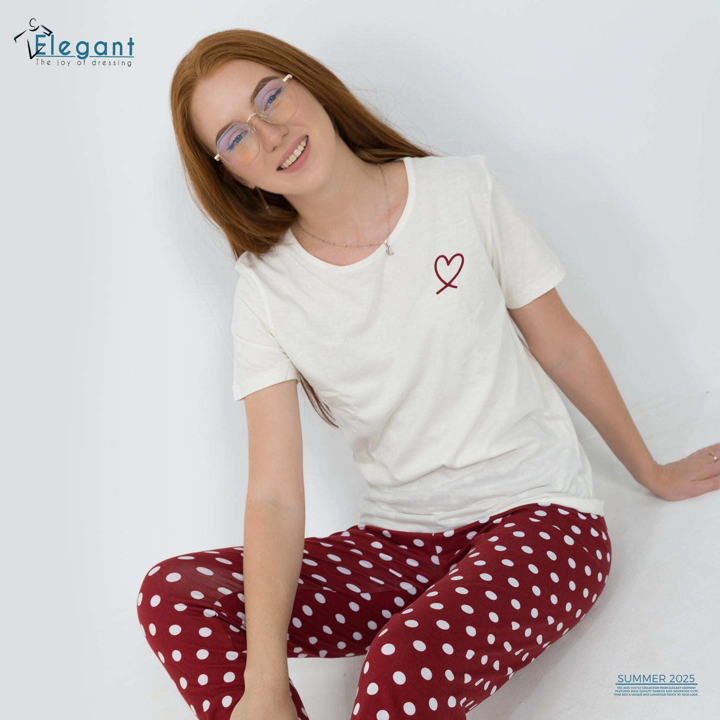 PJs Pants Cotton - Offwhite burgundy - mini heart