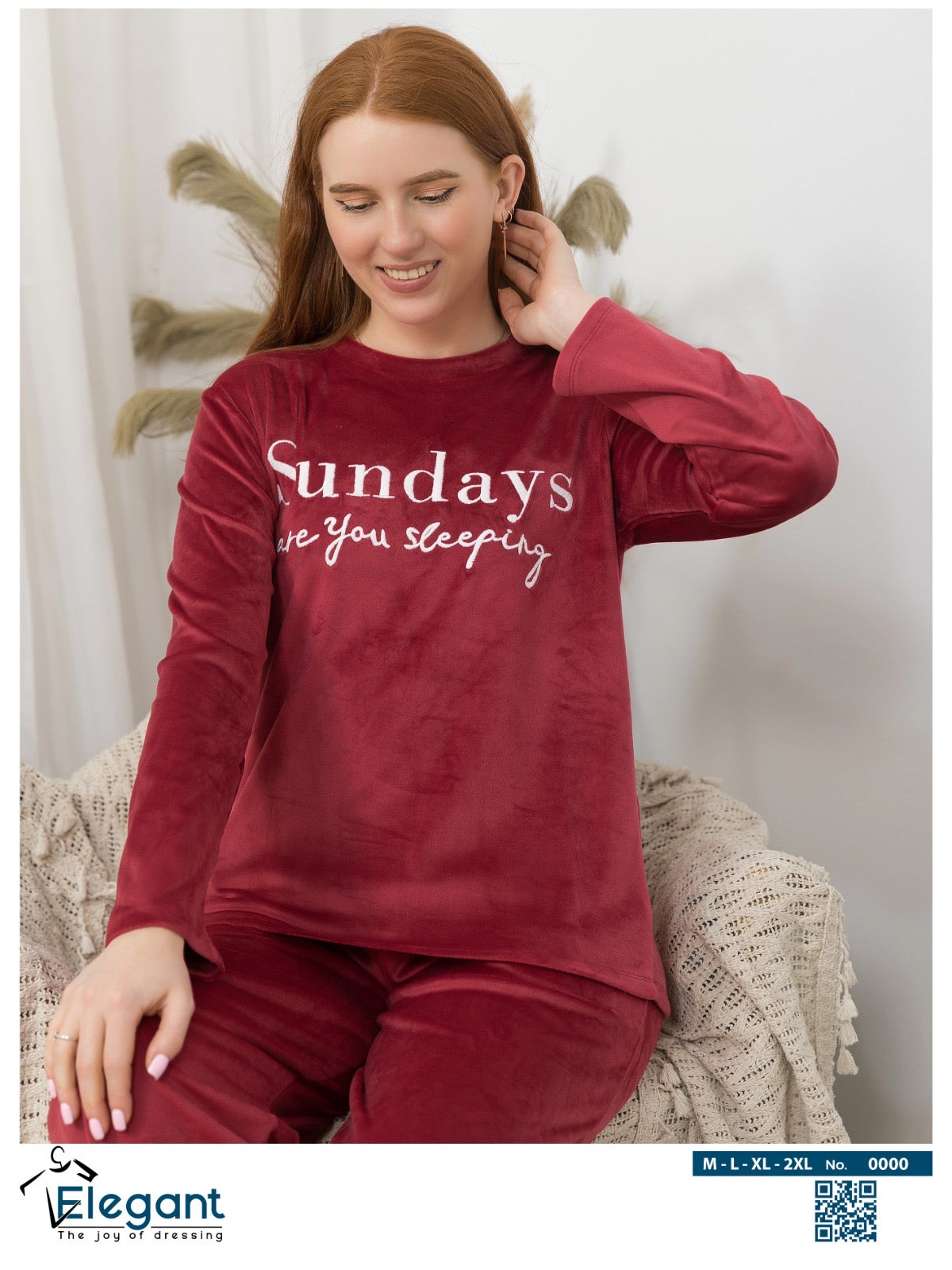 WIDE LEG Velvet Embroidery Pyjama -Burgundy- Sunday are you sleeping