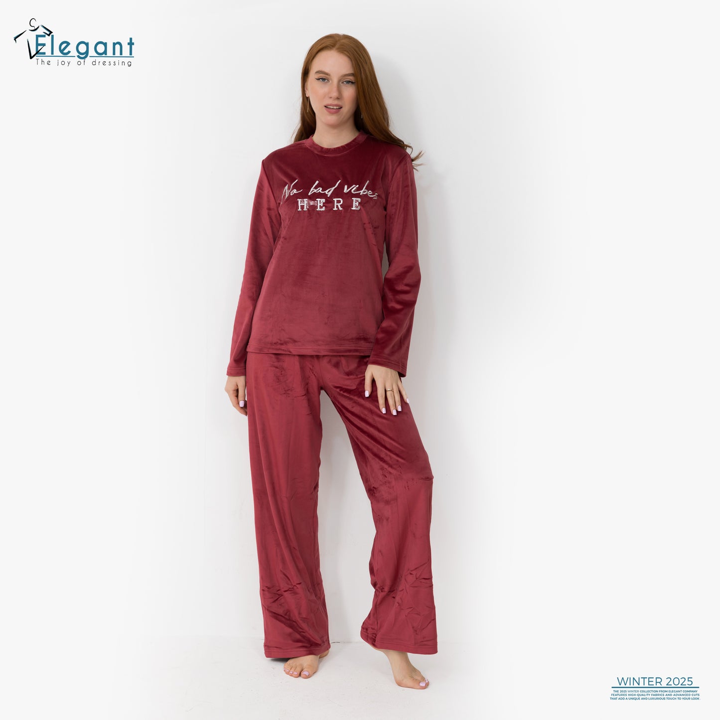 WIDE LEG Velvet Embroidery Pyjama - Maroon - No bad vibes here