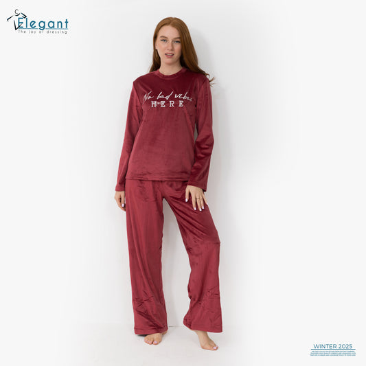 WIDE LEG Velvet Embroidery Pyjama - Maroon - No bad vibes here