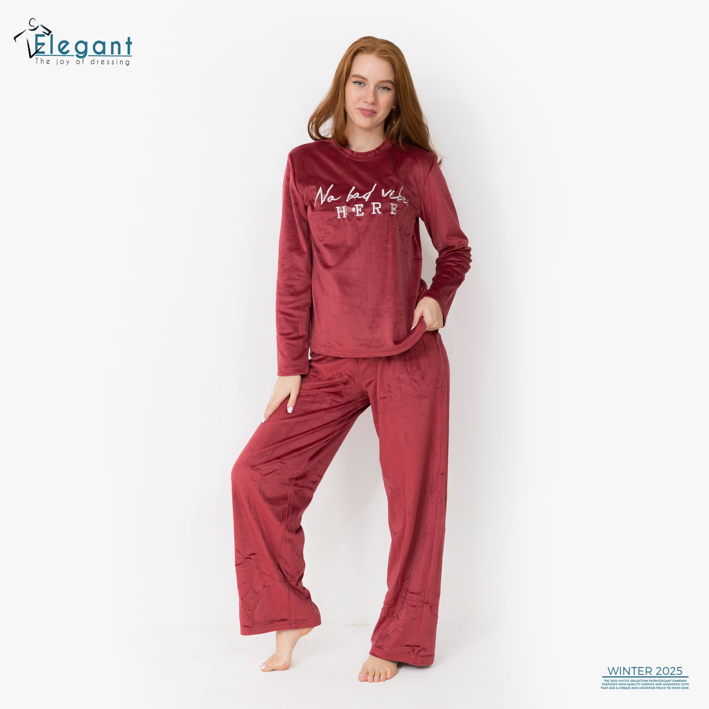WIDE LEG Velvet Embroidery Pyjama - Maroon - No bad vibes here