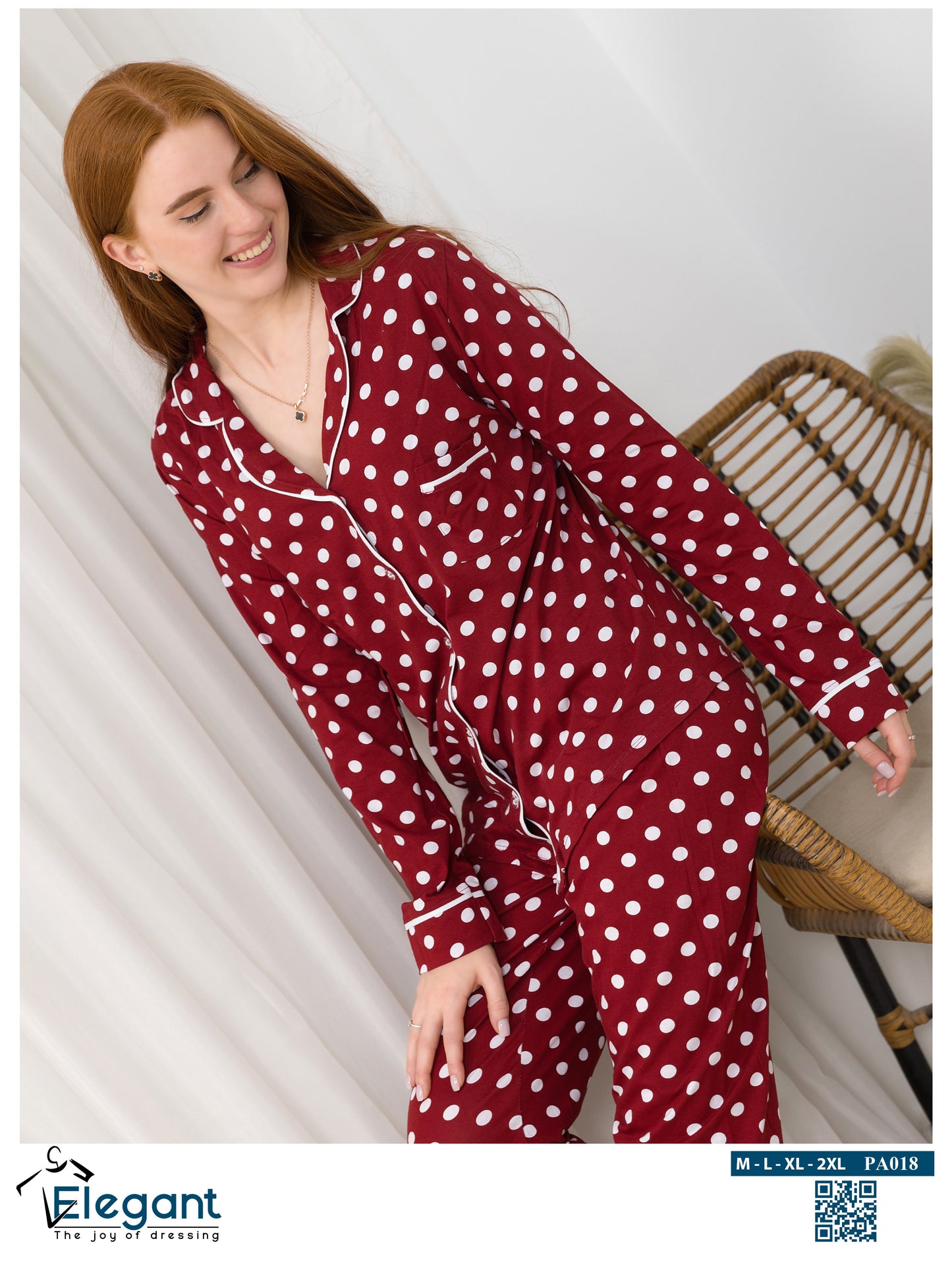 Cotton Long sleeves Classic PJ Pants - Burgundy Polka Dots