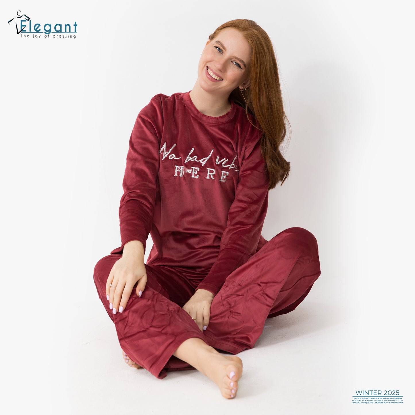 WIDE LEG Velvet Embroidery Pyjama - Maroon - No bad vibes here