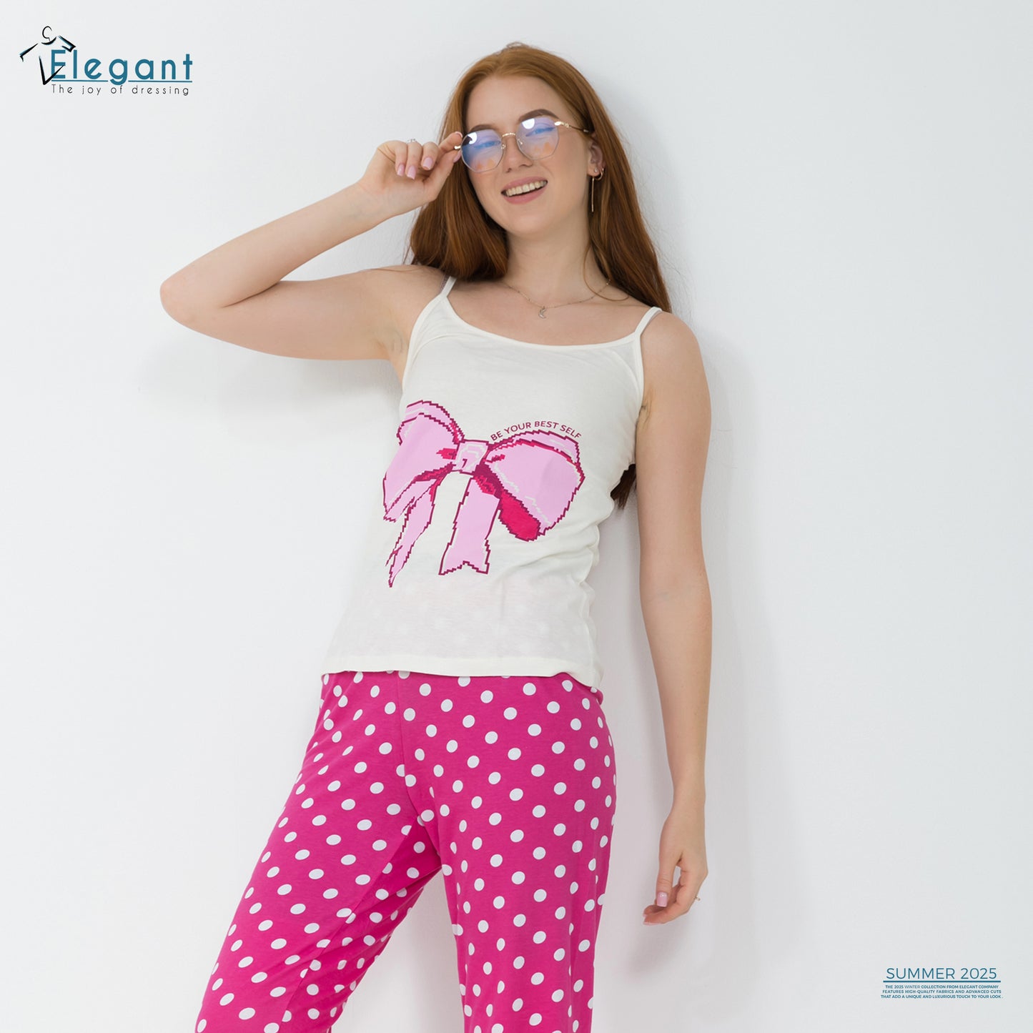 PJs Pants Cotton sleeveless - Offwhite Fushia Bow