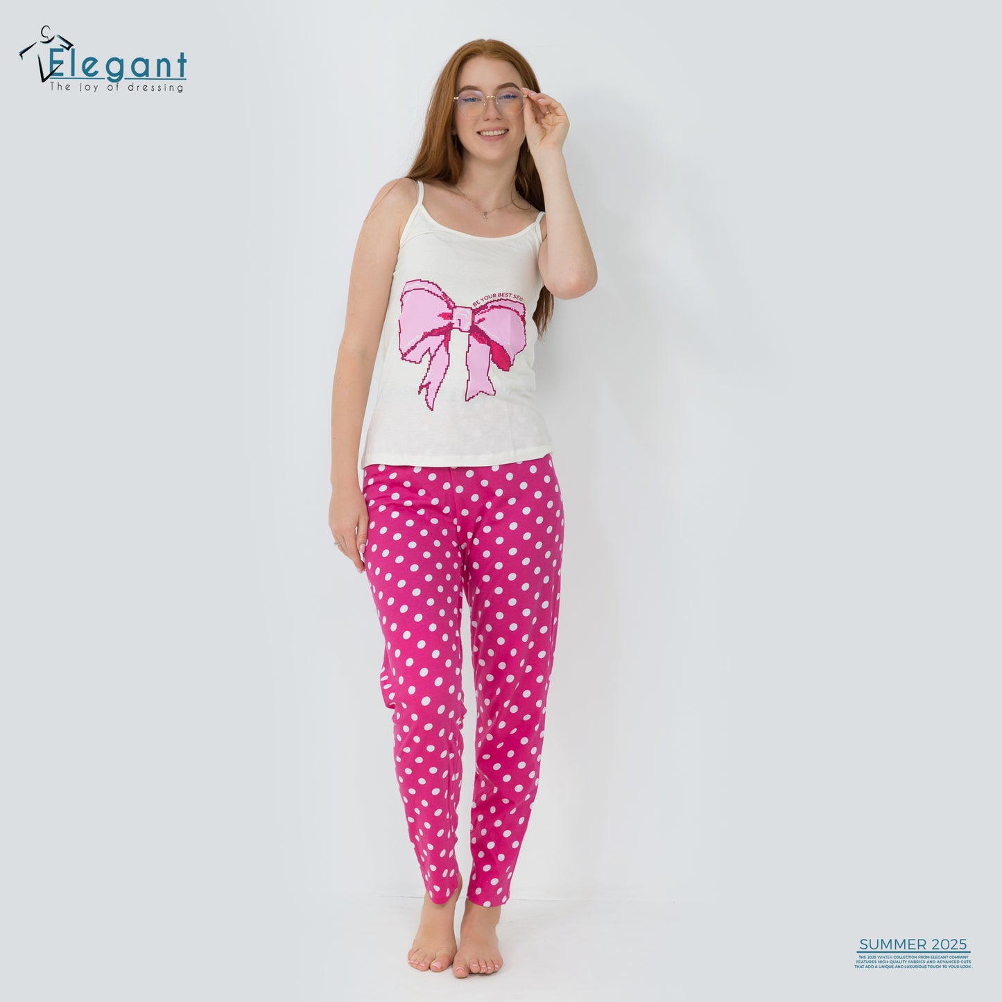 PJs Pants Cotton sleeveless - Offwhite Fushia Bow