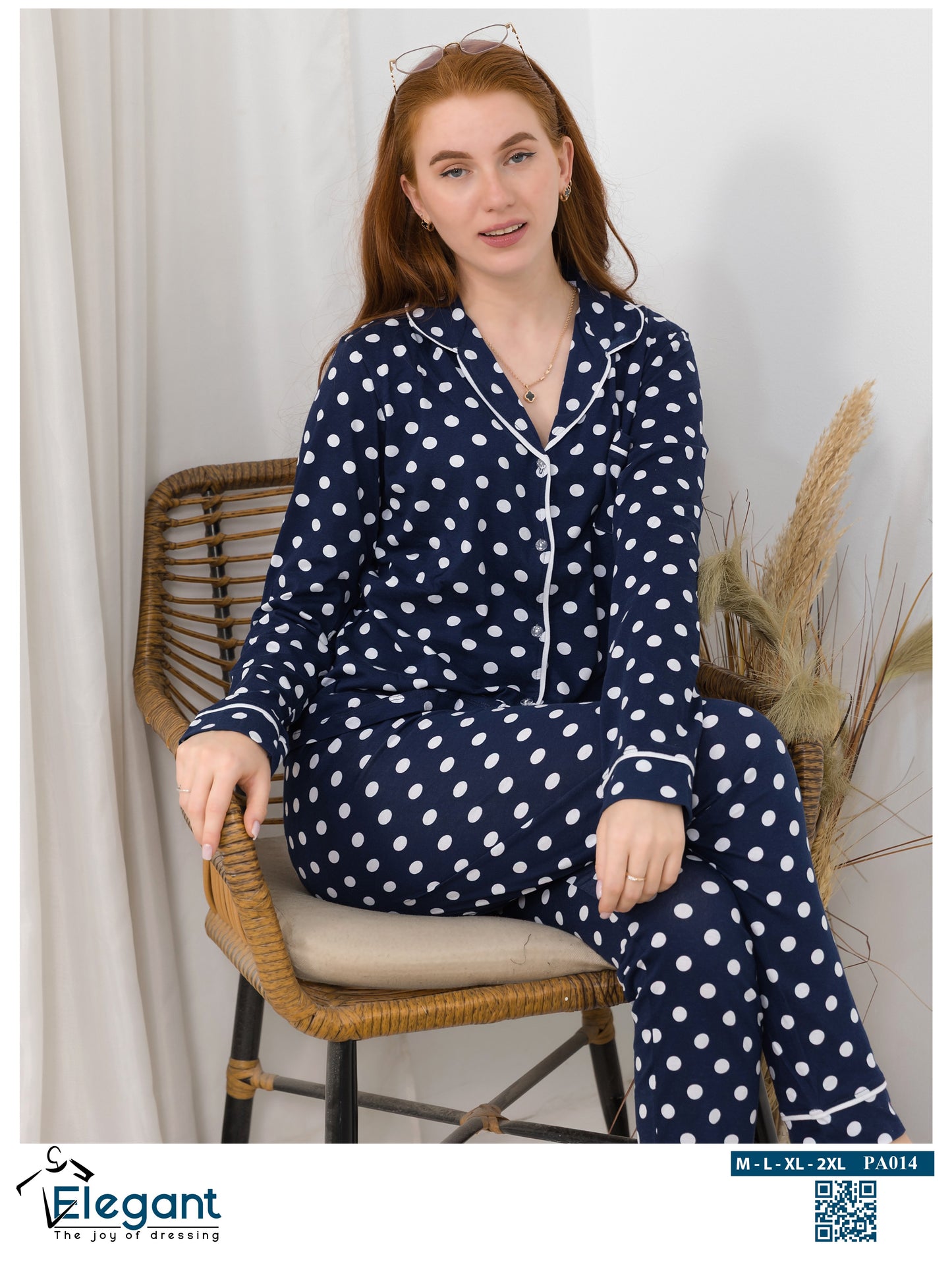 Cotton Long sleeves Classic PJ Pants - Navy Polka Dots