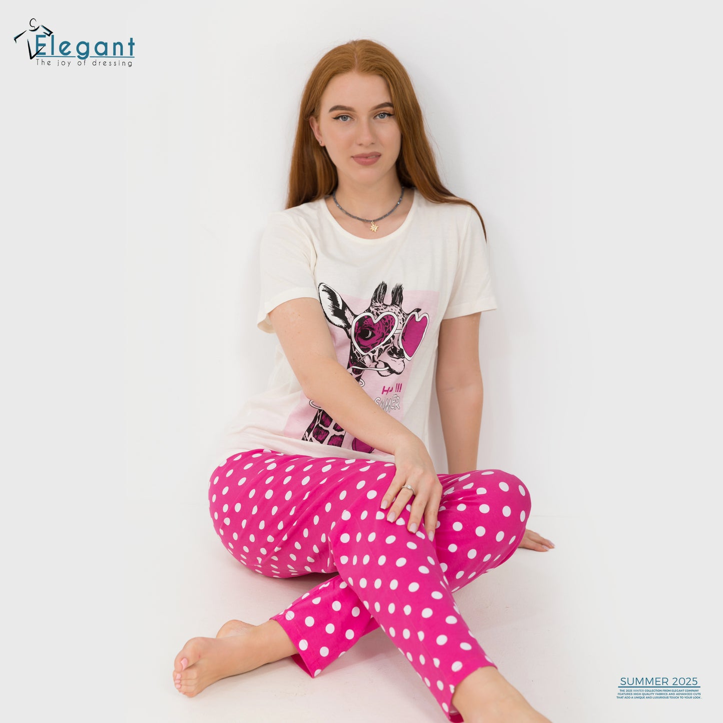 PJs Pants Cotton - Offwhite Fushia - Cool Giraffe