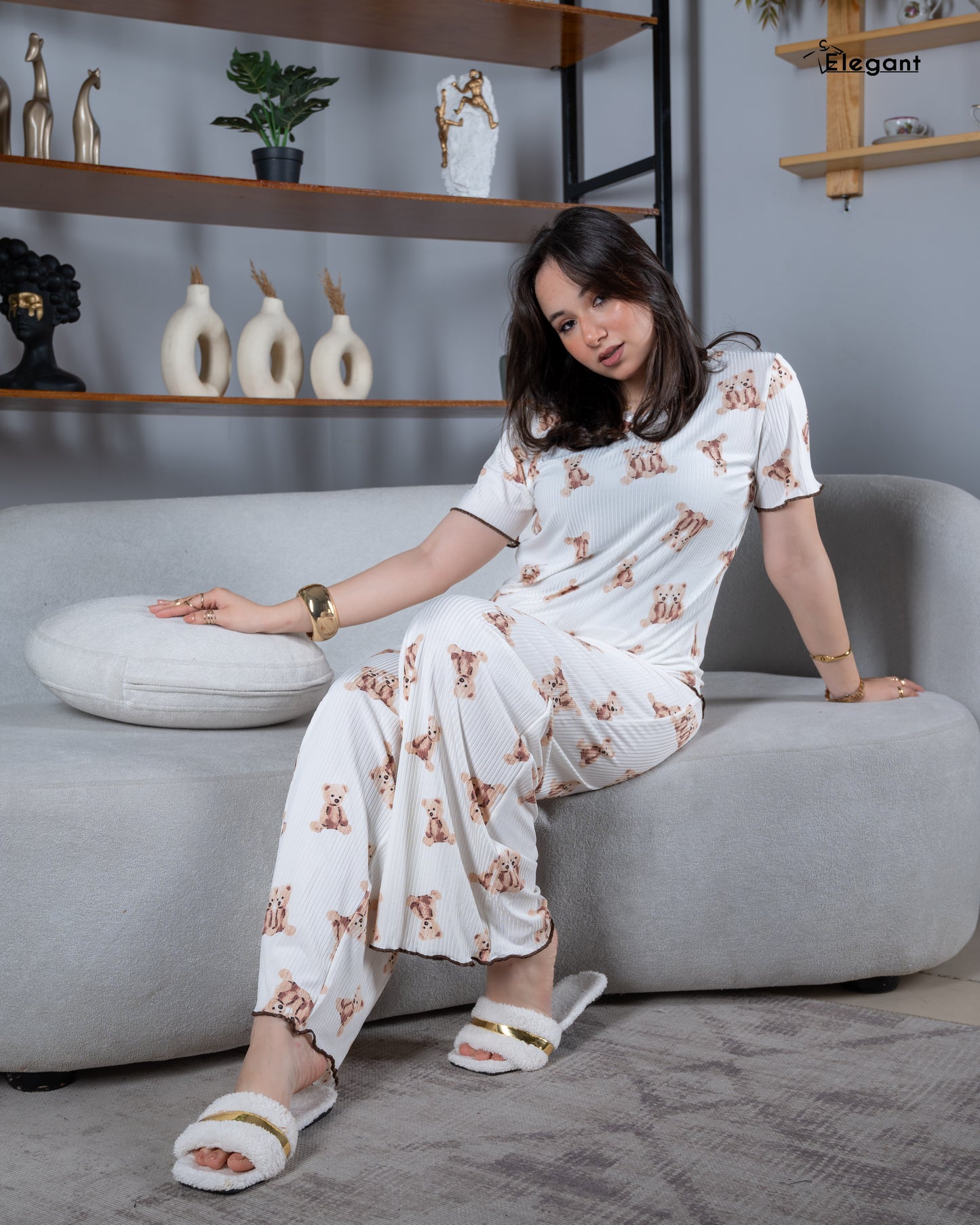 Ribbed V Neck PJ Offwhite Teddy Bear