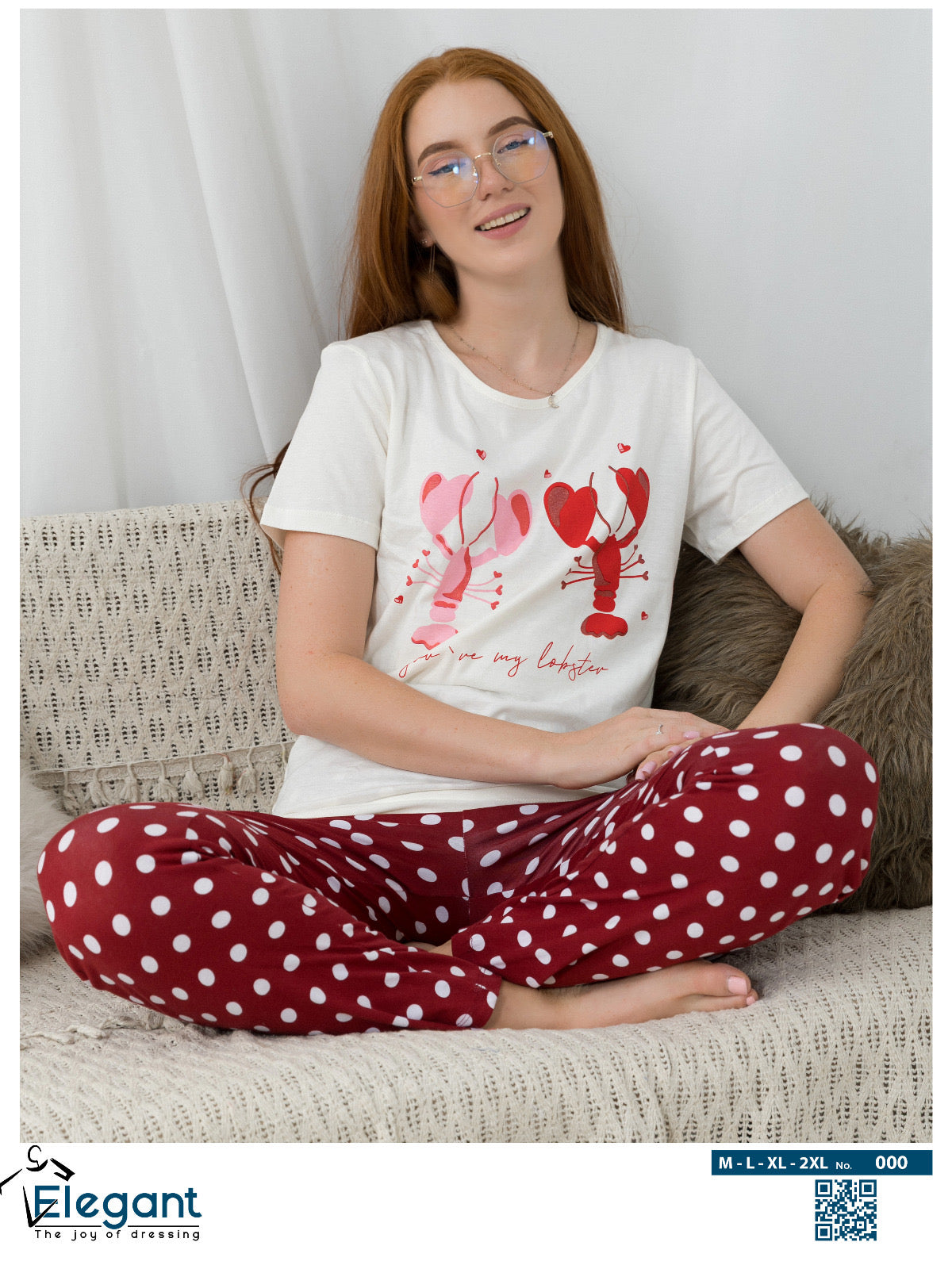 PJs Pants Cotton - Offwhite burgundy - you are my lobster