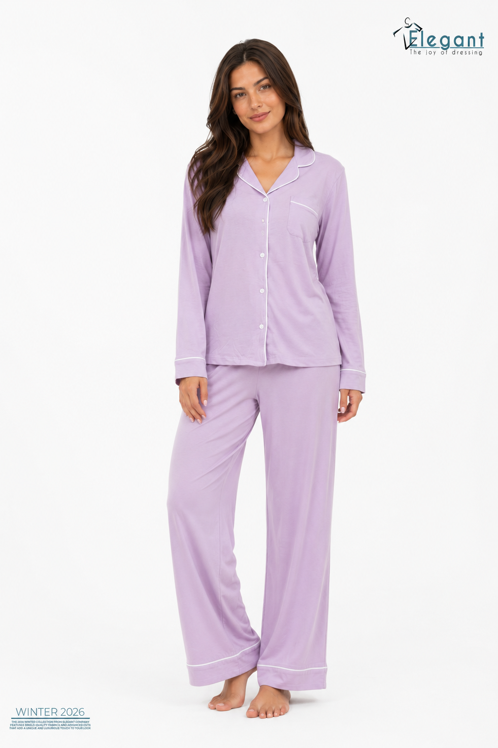 Lavender Cotton Long-Sleeve Wide-Leg Pajama Set