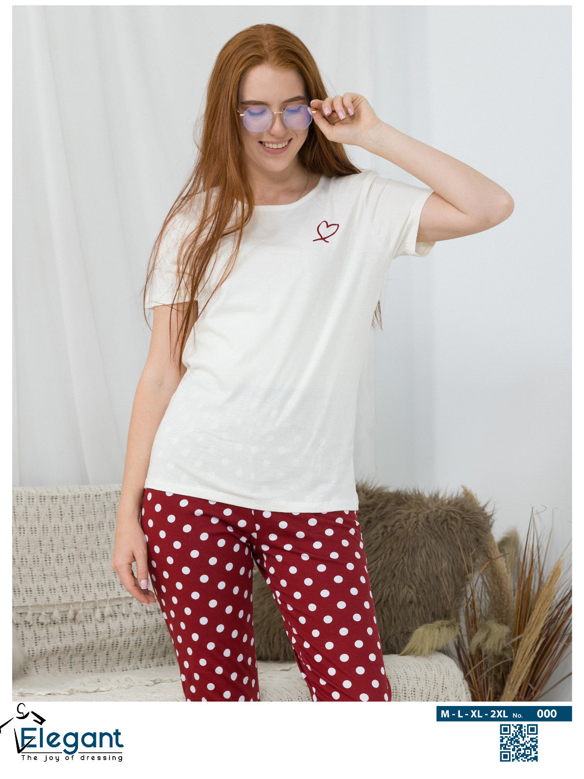 PJs Pants Cotton - Offwhite burgundy - mini heart