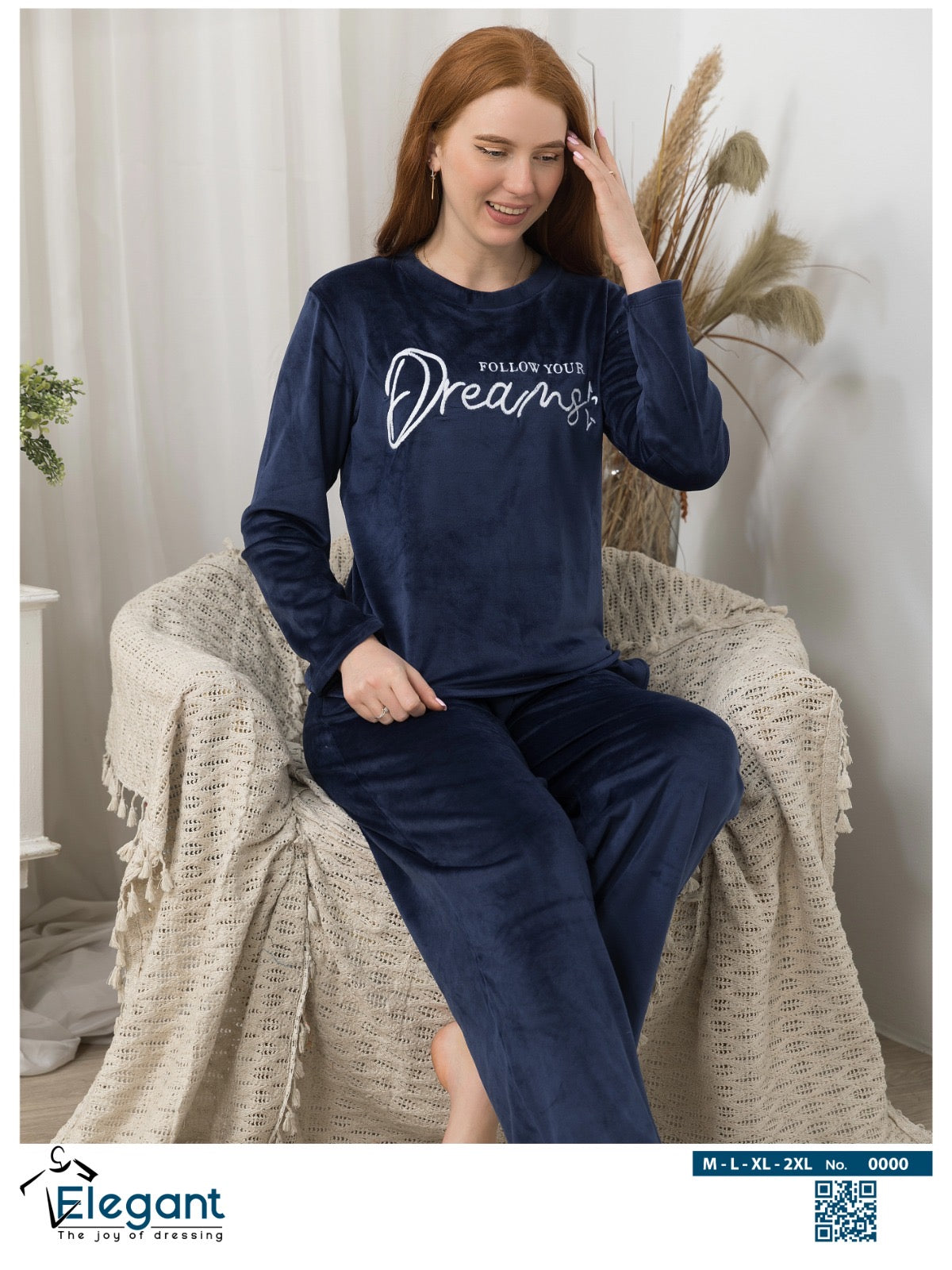 WIDE LEG Velvet Embroidery Pyjama - Navy-Follow Your Dreams