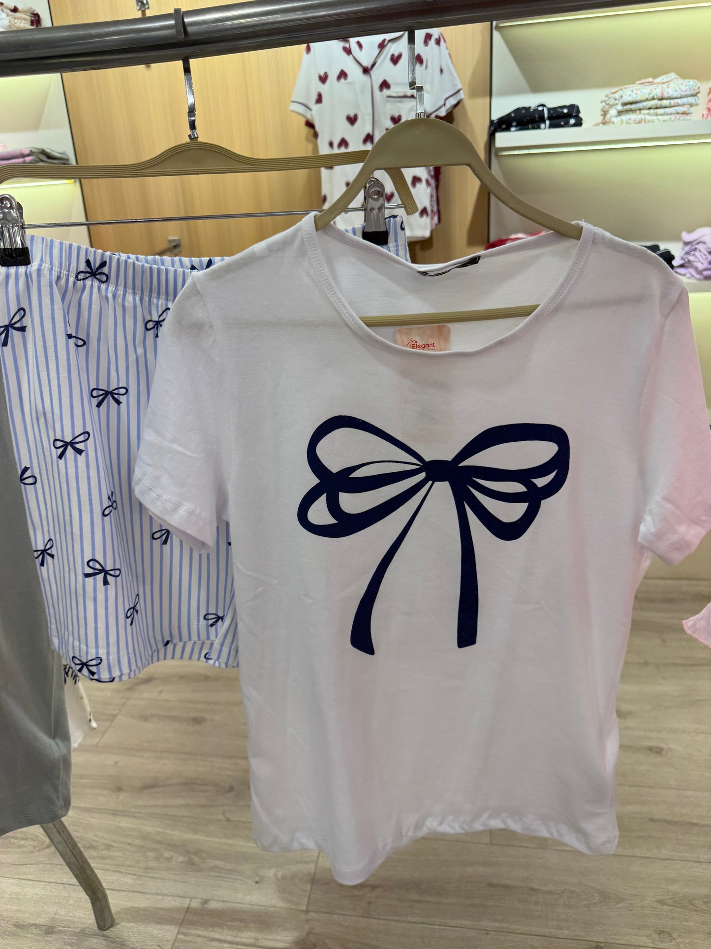 PJ Shorts Cotton - White Blue - Ribbon Bow