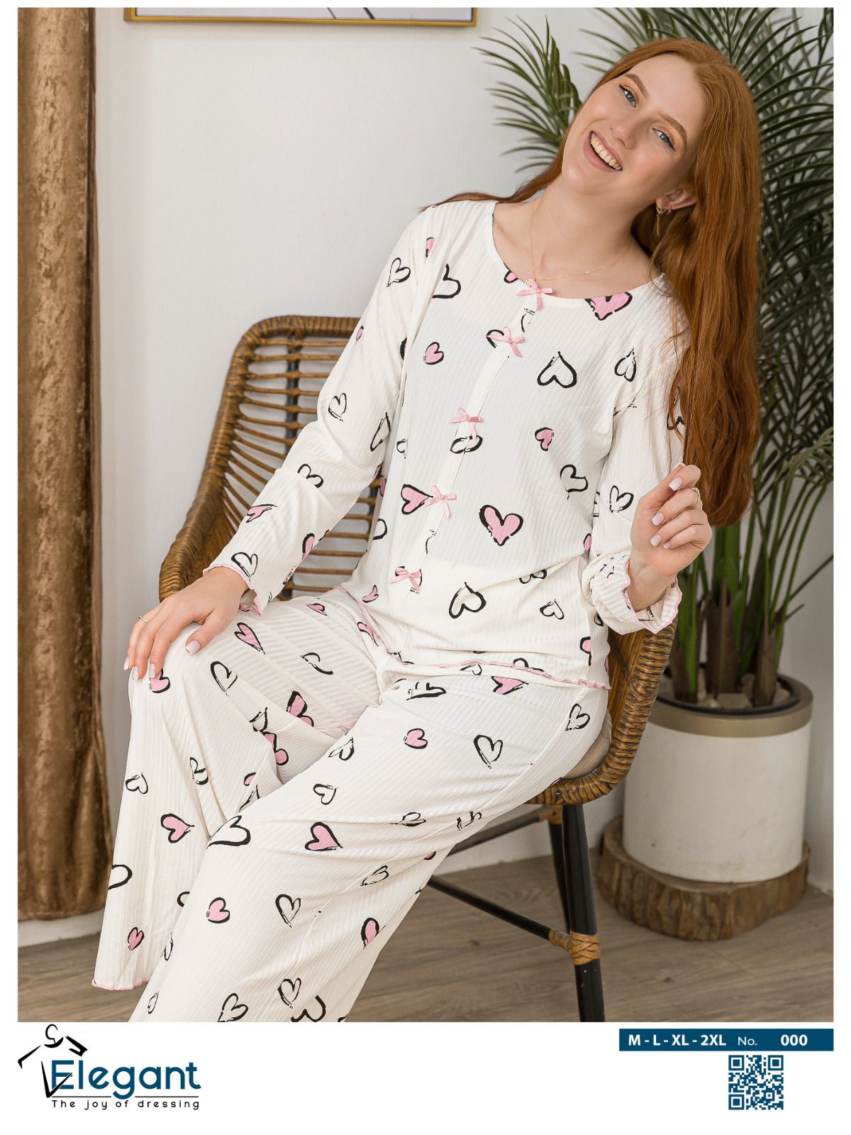 Rib Cotton Knot Front PJ Offwhite - Soft Hearts in Pink