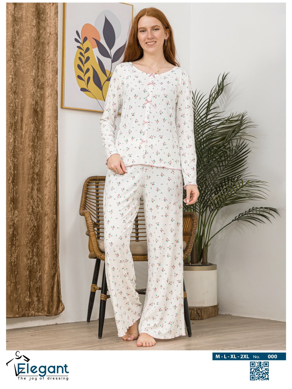 Rib Cotton Knot Front PJ Offwhite - Floral