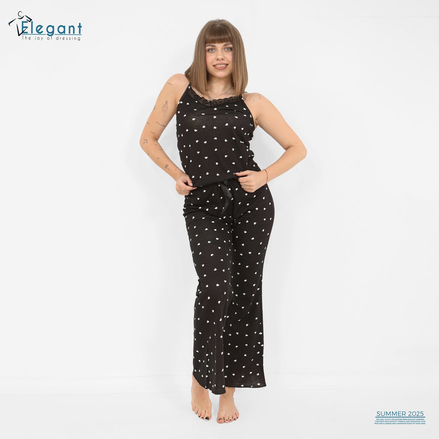 PJ Cotton Wide leg Pants - mini hearts - Black