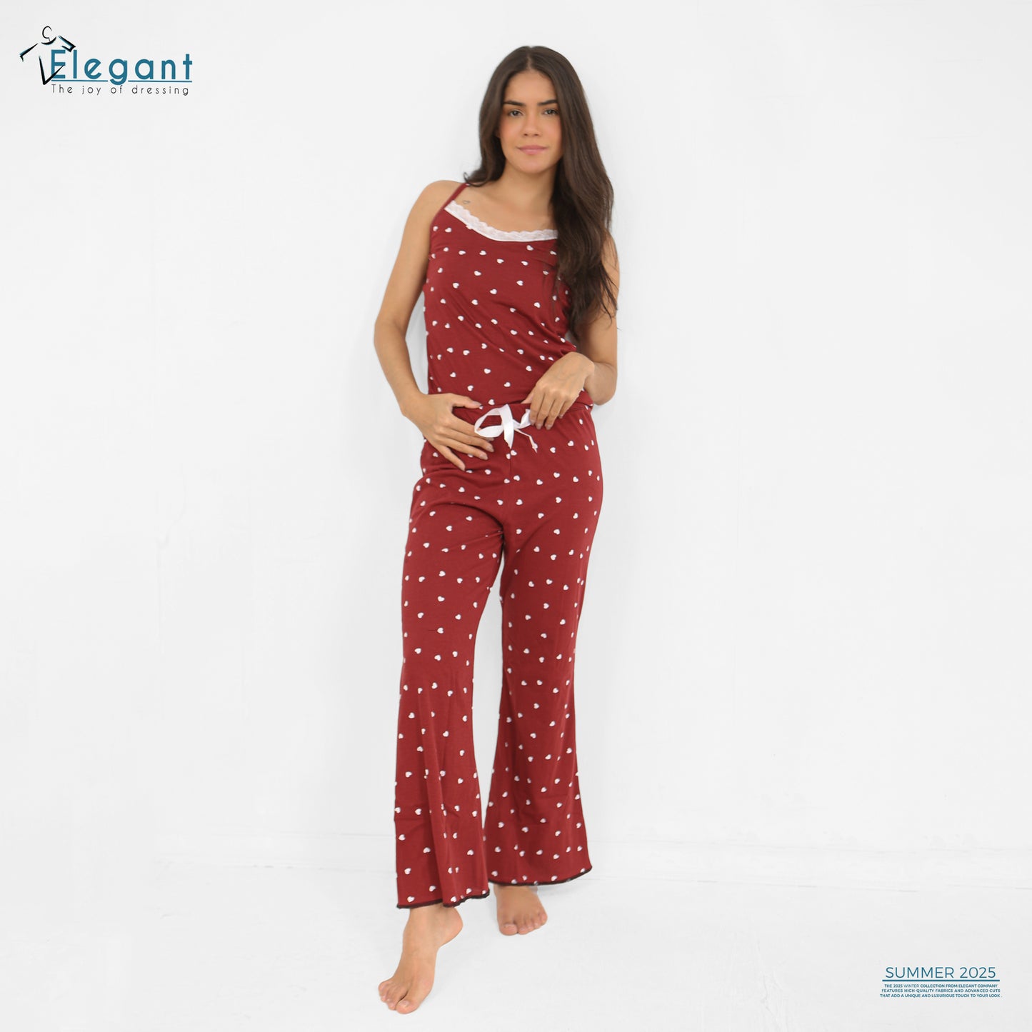 PJ Cotton Wide leg Pants - mini hearts - Burgundy