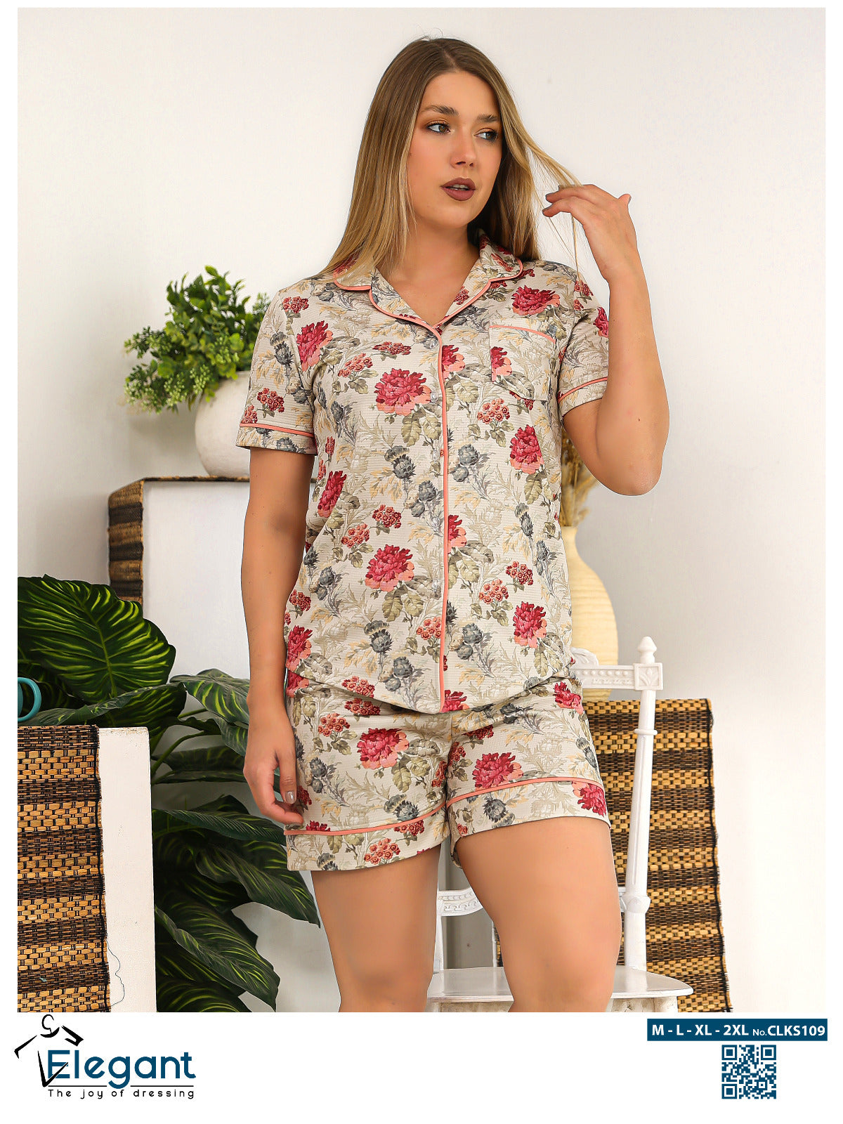 Waffle Polycotton Classic PJ Shorts - Floral Beige