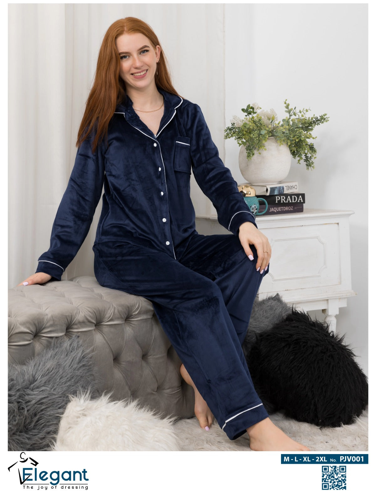 بيجامة كلاسيكية مخملية واسعة الساق - كحلي