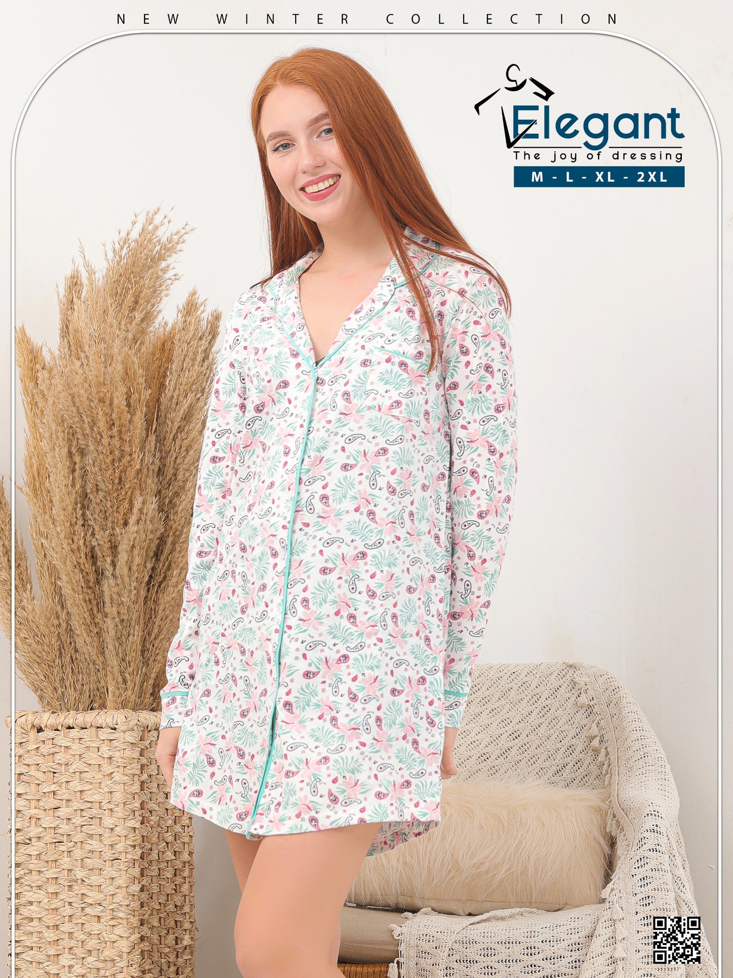 Classic cotton Nightshirt Long sleeves - Printed Floral fushia