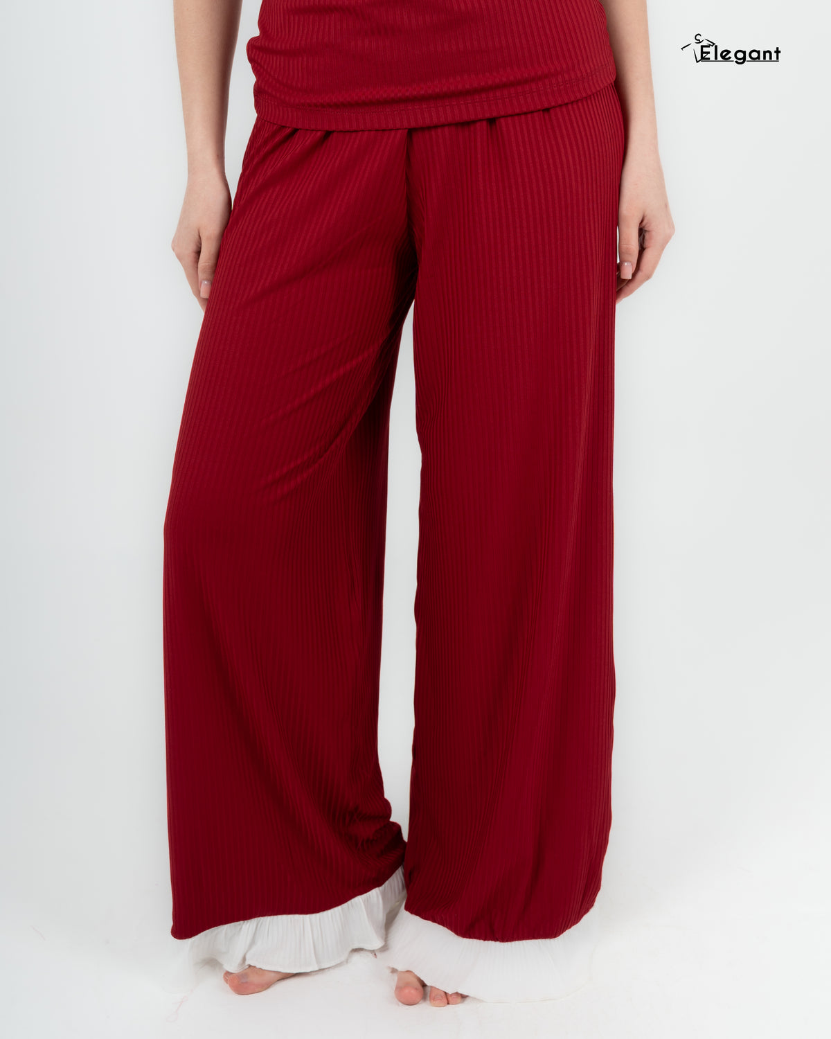 Ribbed PJ Pants with Straps - Contrast ruffles - Ruby Red