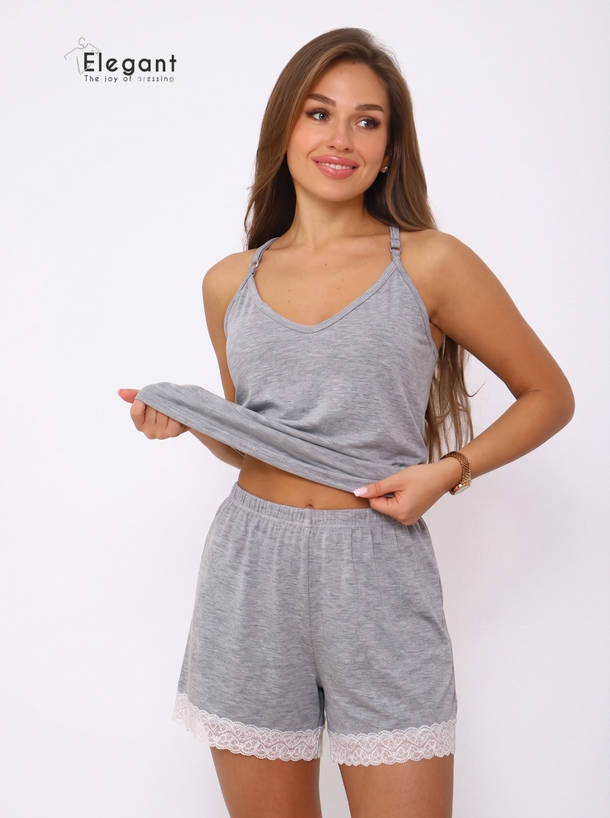 PJ Shorts Cotton - Back Lace - Grey Melange