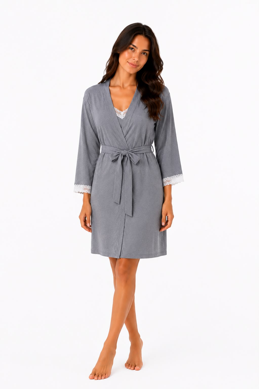 Set Nightshirt & Robe Cotton with Lace - Grey Melange